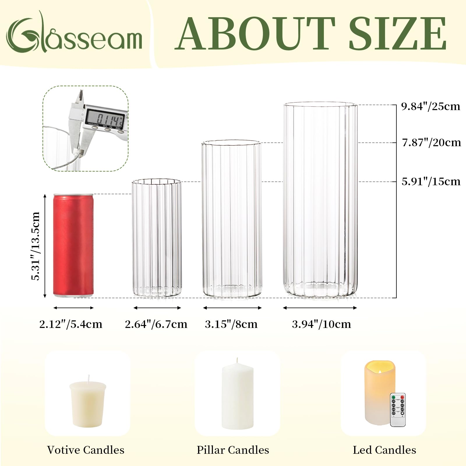 Glasseam Set di 18 portacandele cilindrici in vetro, vaso trasparente a coste, portacandele a colonna, portacandele galleggianti per centrotavola, vasi da fiori per centrotavola e tavolo da pranzo