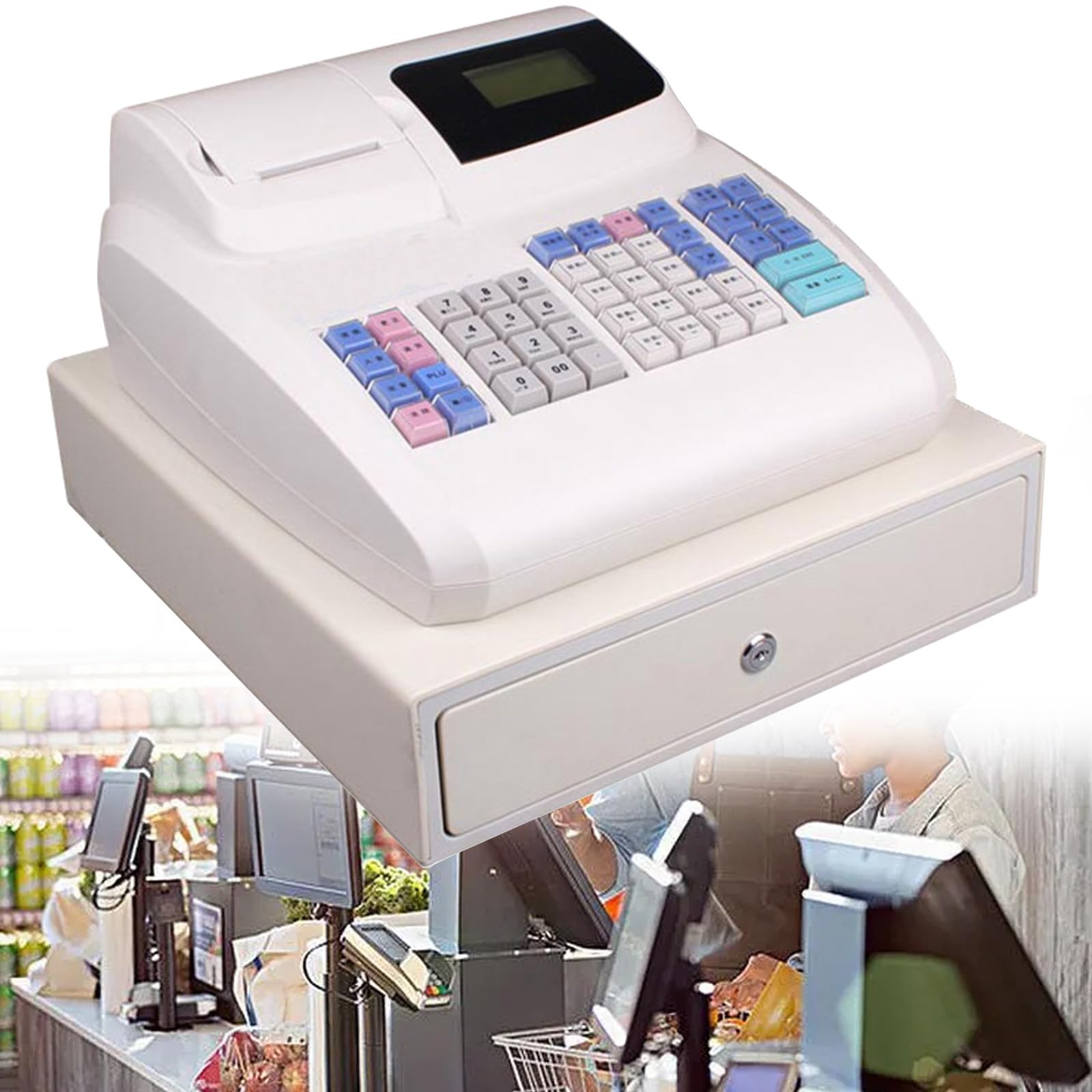 Caja registradora electrónica multifunción de 48 Teclas, Cajas Inteligentes con Impresora térmica, para Empresas, con Pantalla Principal y Pantalla para Clientes (White)