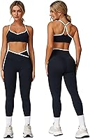 ABOCIW Women's 2 Piece Color Block Workout Set: Strappy Sports Bra & High Waist Shorts for Gym Yoga Pilates