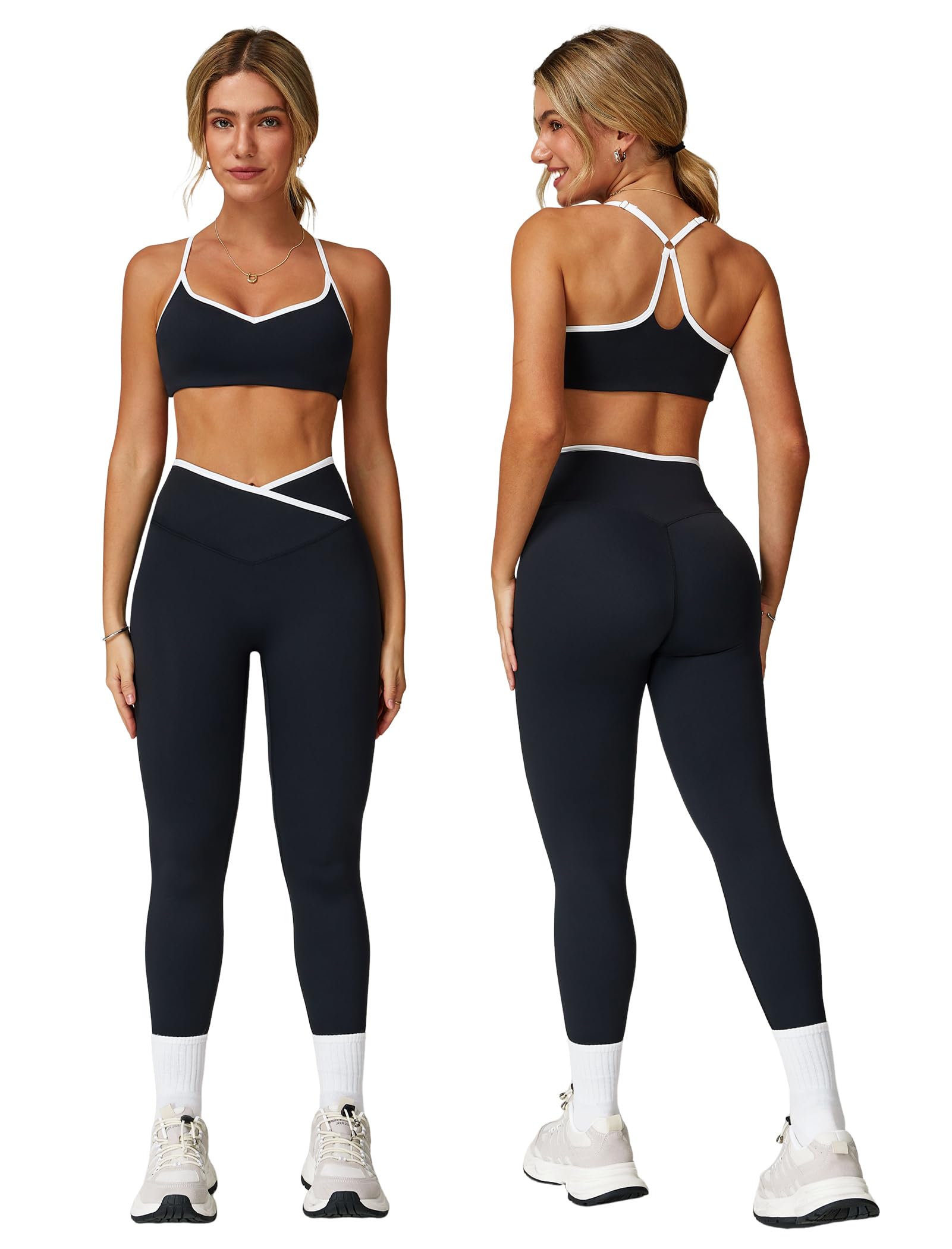 ABOCIW Workout Sets for Women 2 Piece Color Block Strappy Sports Bra High Waist Shorts Gym Yoga Pilates