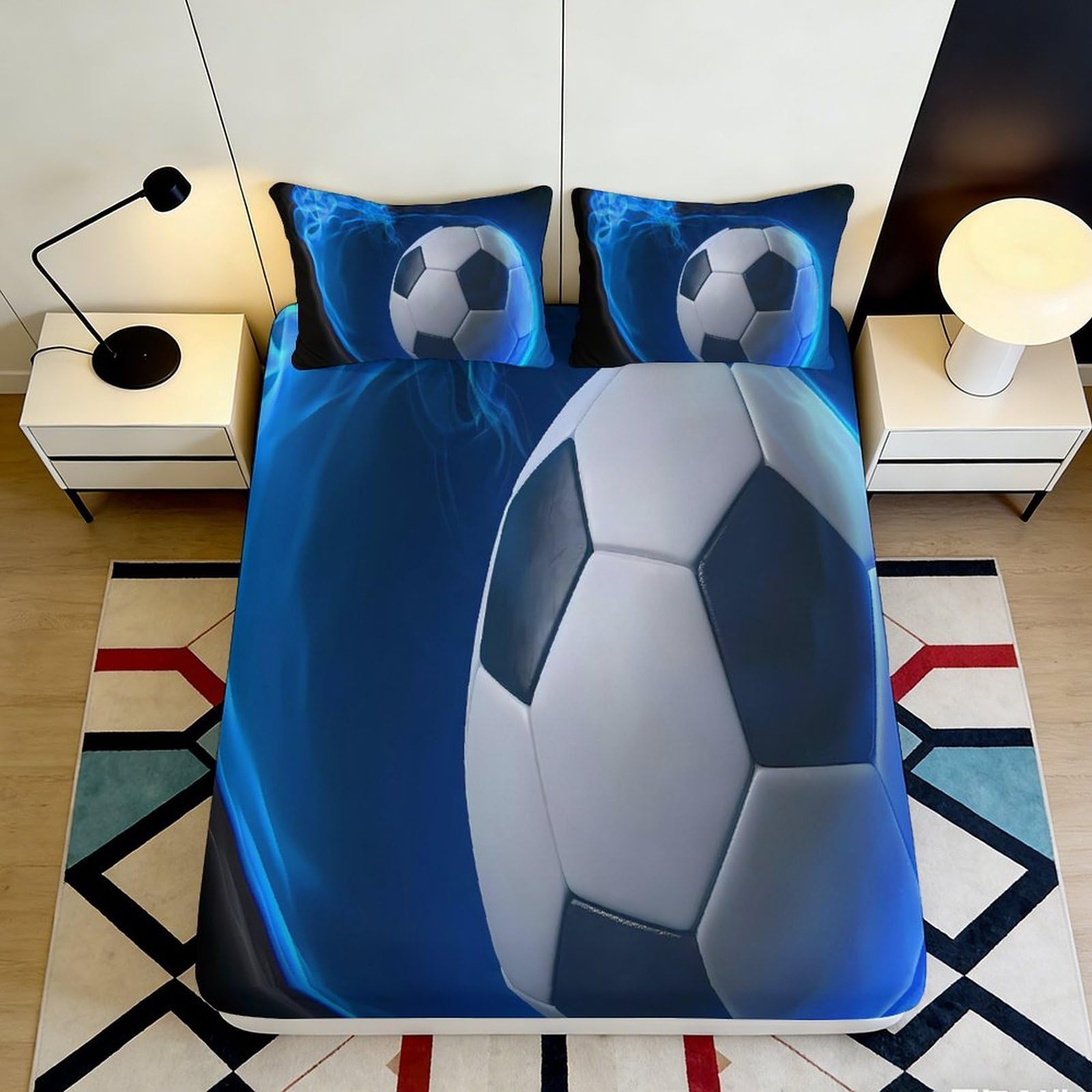 3D Printed Soccer Ball Fitted Sheet Microfiber Anti-Slip Blue Football Bed Cover for Bedroom Dorm Mattress Protection 120x200x25cm
