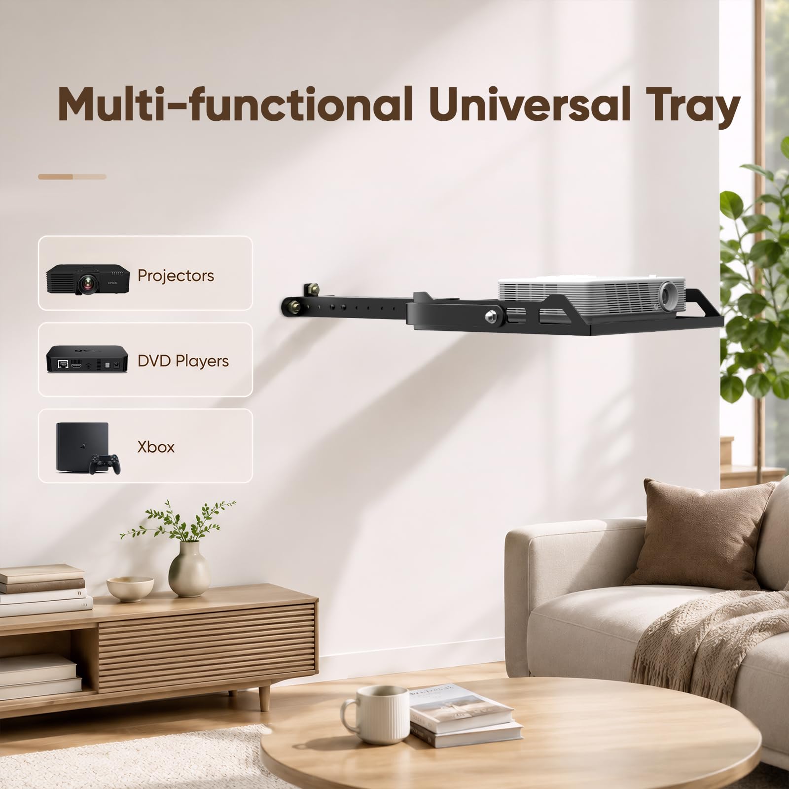 Support de projecteur pour plafond et mur, réglable (49-73 cm) avec plateau inclinable à 360°, charge maximale de 10 kg, guide de câble intégré pour home cinéma, bureau et salle de classe