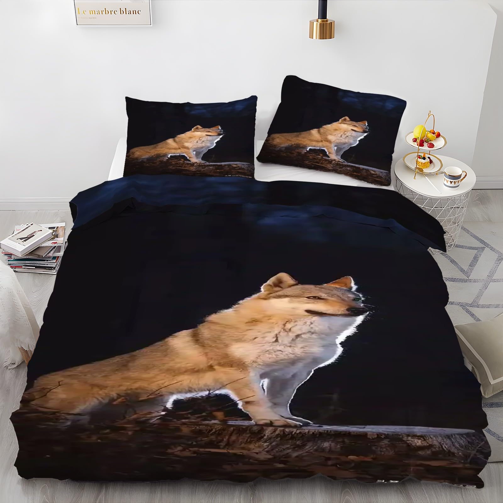 Zestaw pościeli z szarym wilkiem – zestawy poszewek na kołdrę ze zwierzętami, 3 sztuki, 155 x 220 cm, dwustronna poszewka na kołdrę i 2 poszewki na poduszki, miękka szczotkowana mikrofibra, z