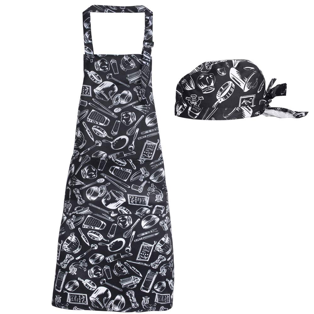 Kit Delantal de Cocina + Gorro de Cocina Delantal Babero Delantal Largo con Bolsillo Negro para Hombre Mujer Unisex Chef Cocinero Camarero Hogar Restaurante Bar Pandería Hotel