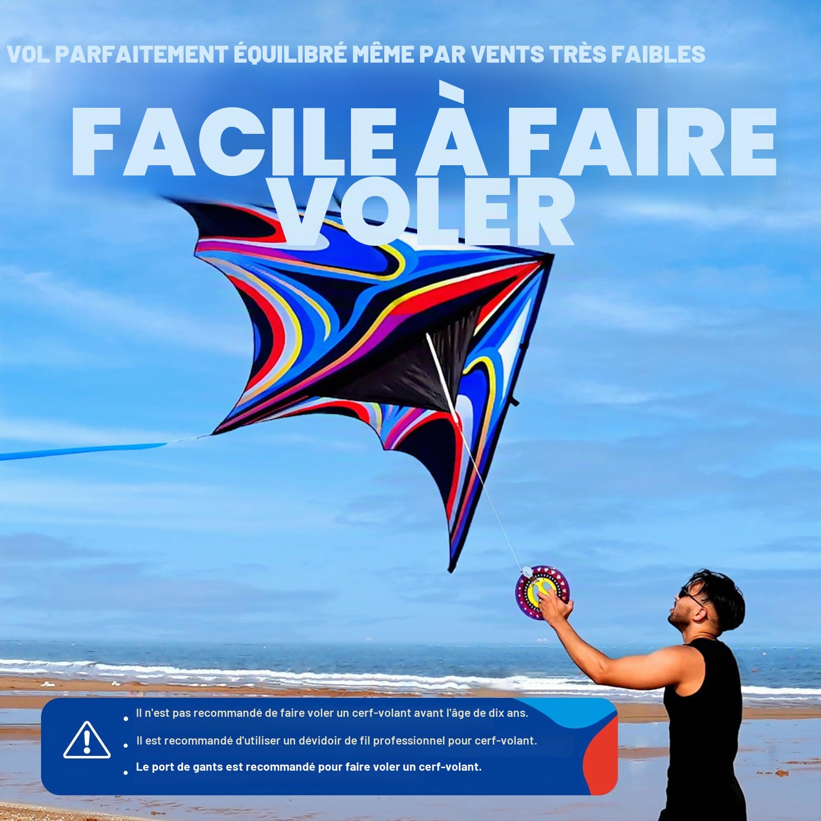 SGftre Grand cerf-volant Delta bleu pour enfants et adultes, extrêmement facile à voler pour les débutants, cerfs-volants pour la plage, le parc, les activités de plein air en famille