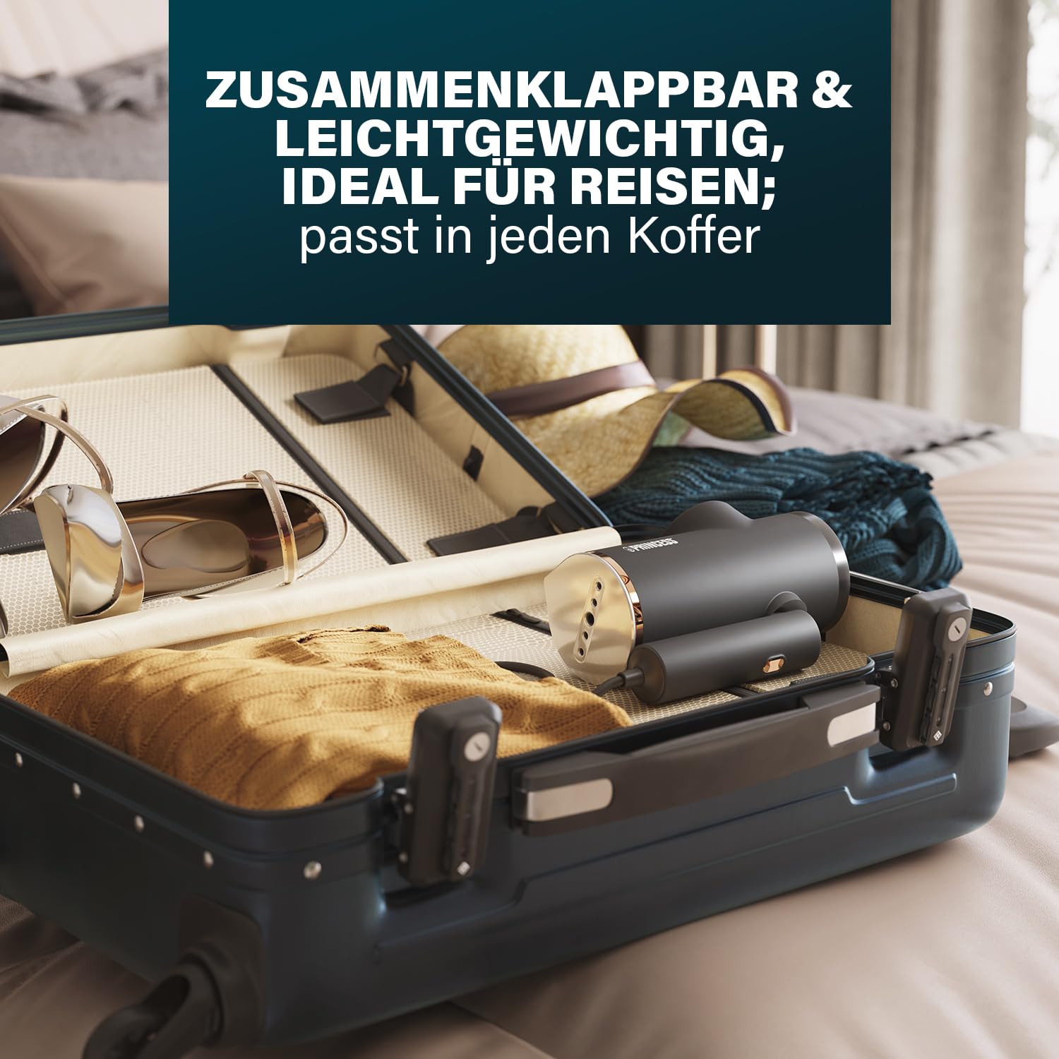 Princess faltbarer Dampfglätter für Textilien – 2-in-1 Dampfbügel mit Fusselentferner – tötet 99% aller Bakterien – in 30 Sekunden aufheizbar – leicht – 1300 W – 332890