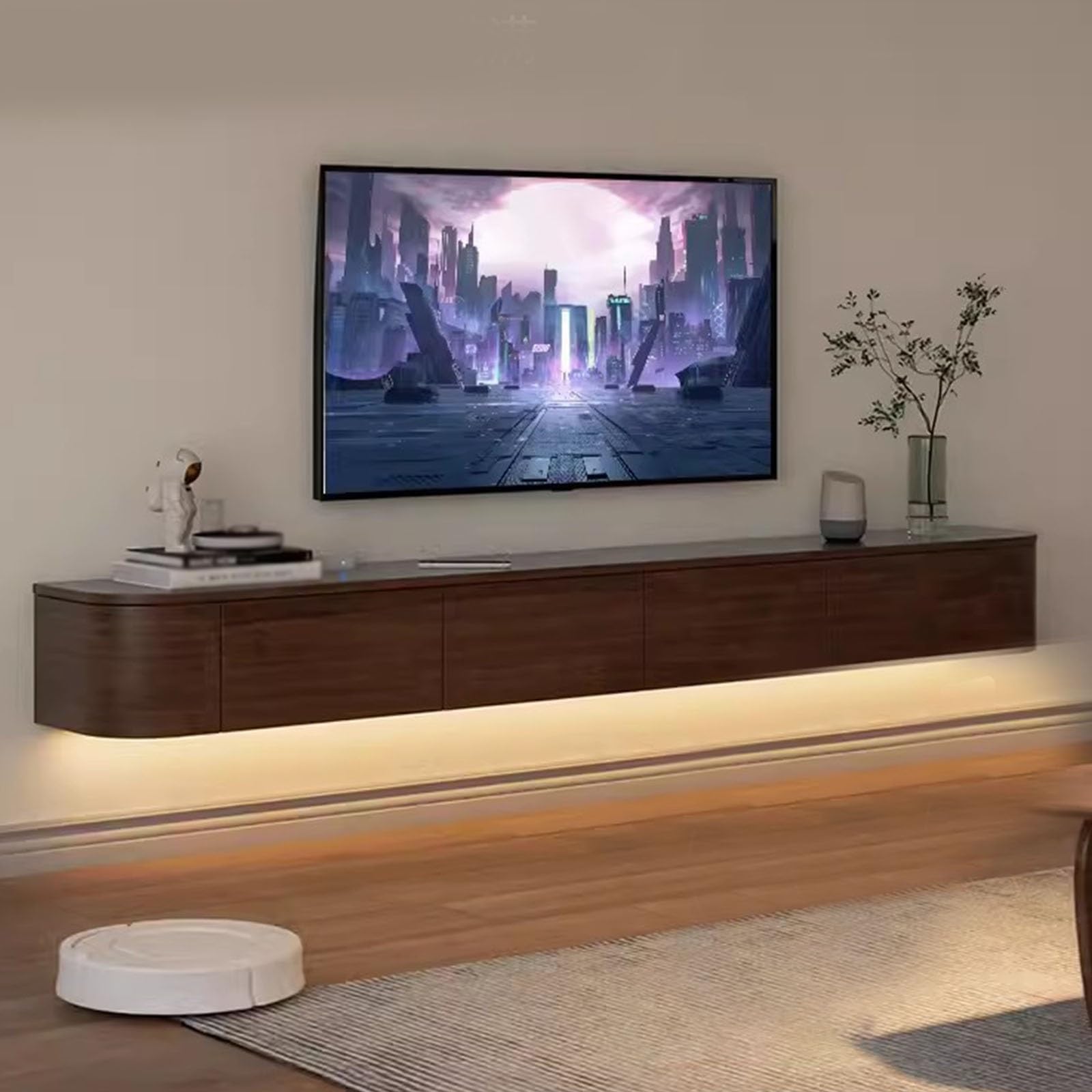 Moderner, schwebender TV-Schrank, Wandmontage, 199,9 cm, Gummi-Holz, Aufbewahrungskonsole für Wohnzimmer, stilvolles Media-Center mit Wut-Raum