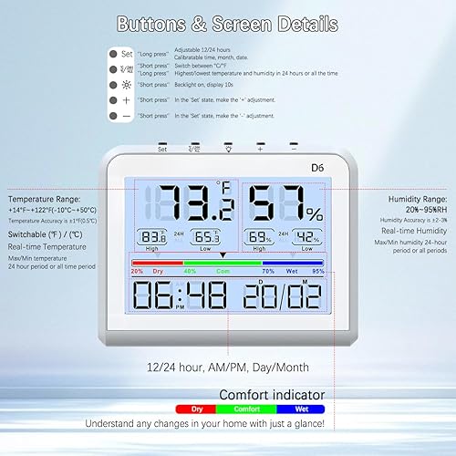 Miniatura 9 de Termómetro digital de habitación para interiores, medidor de humedad hidrómetro con registros máximos y mínimos, pantalla LCD de 3.5 pulgadas,