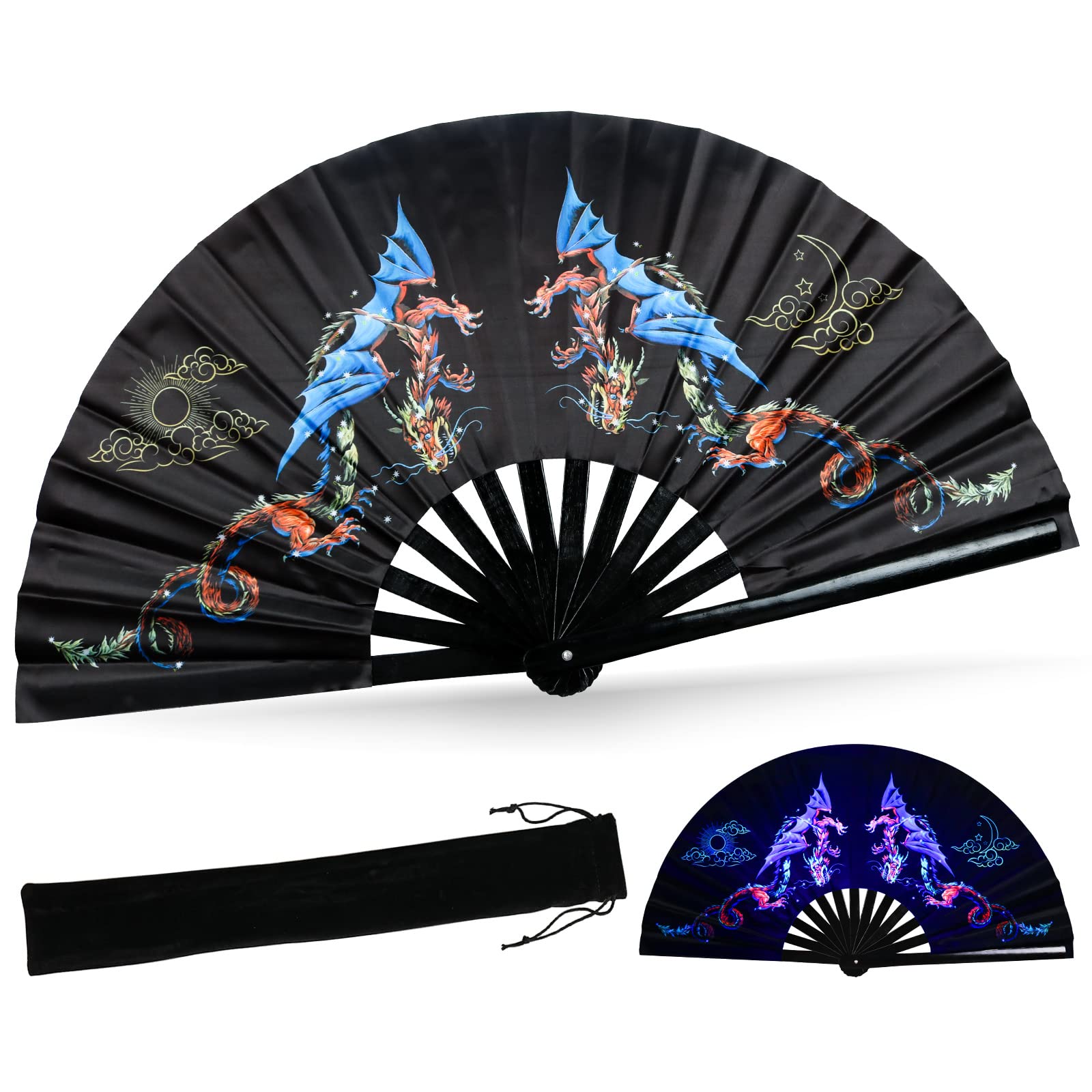 SYNTECSO Folding Hand Fan for Rave, UV Glow Fan, Large Bamboo Fan for Drag Queen, Women and Men Gift?Chinese Japanese Clack Fan for Parties, Music Festivals, EDM and Decoration