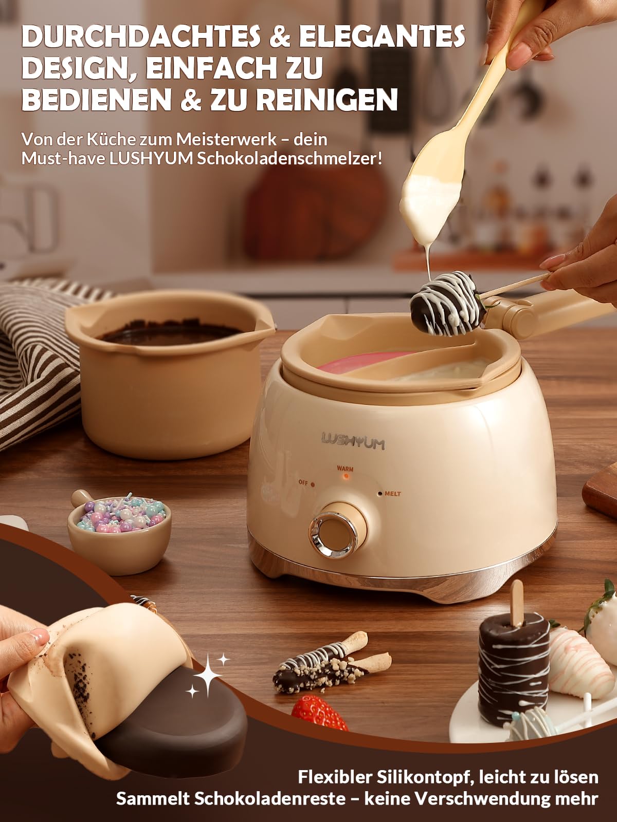 LUSHYUM Schokoladenschmelztopf Candy Melts Schmelzgerät mit 2 Einsatztöpfen, 4 Tassen Kapazität Wärmer Maschine Schokoladentöpfe, ideales Dip-Werkzeug, Geschenk für die Herstellung von Cake-Pop-Set