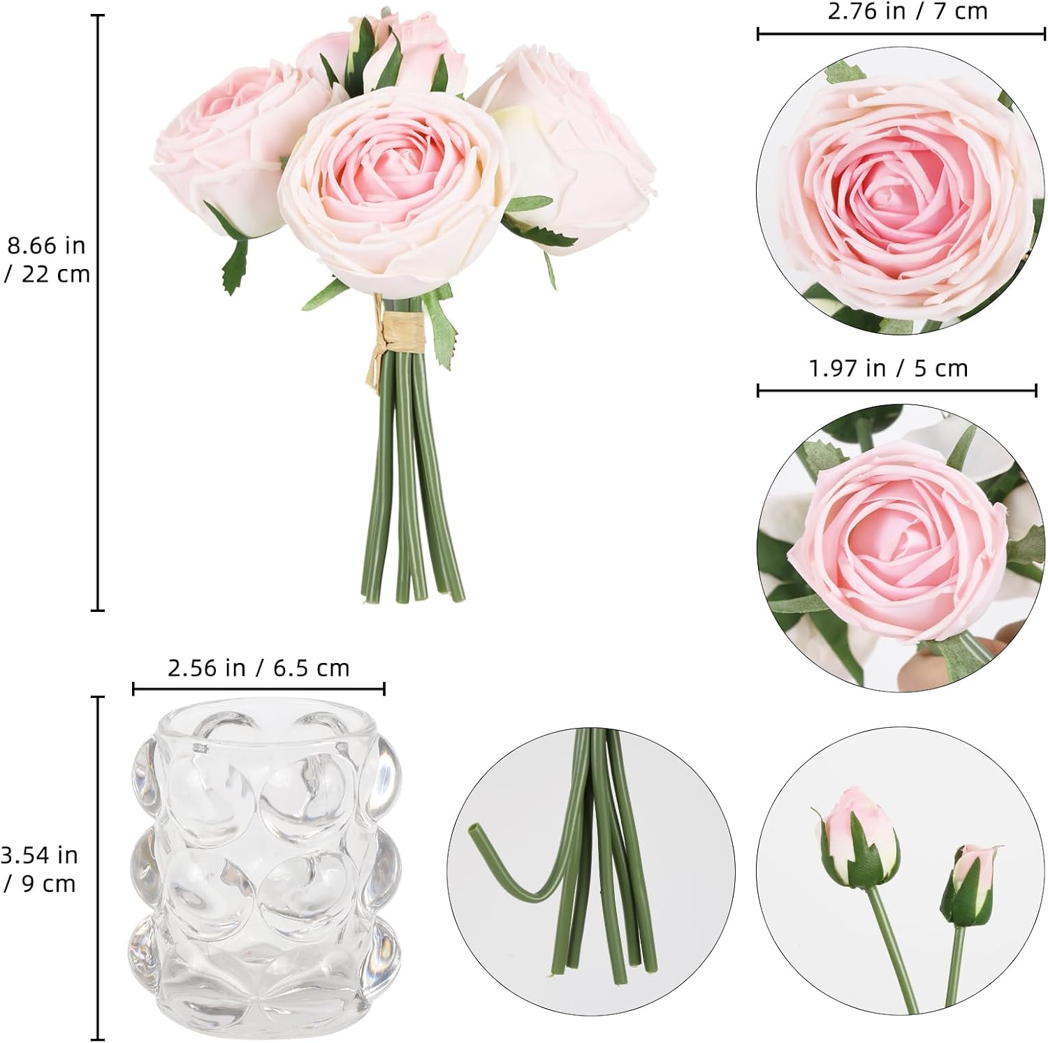 IPOPU Artificial Roses,Real Touch Pink Fake Flowers in Vase Faux Roses with Stems for Wedding Home Dining Table Centerpiece Decor(Pink) - Image 3