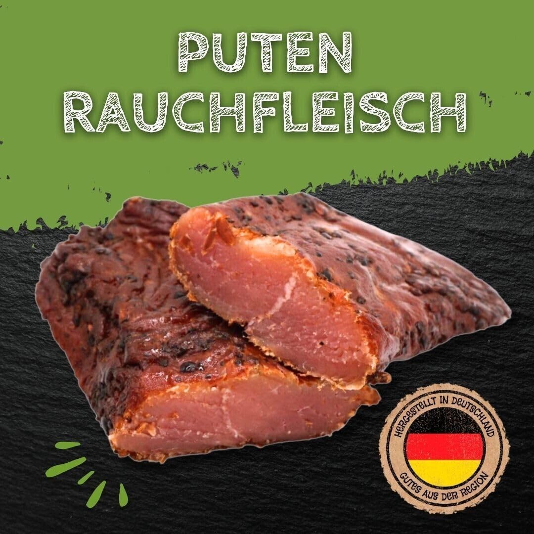 Putenrauchfleisch 250g Protein Snack ohne Zuckerzusatz ca. 60g Protein Geräucherte Putenlende aus 100% deutschem Putenfleisch High Protein herzhaft gewürzt proteinreich ready to eat Metzgerei Bühler