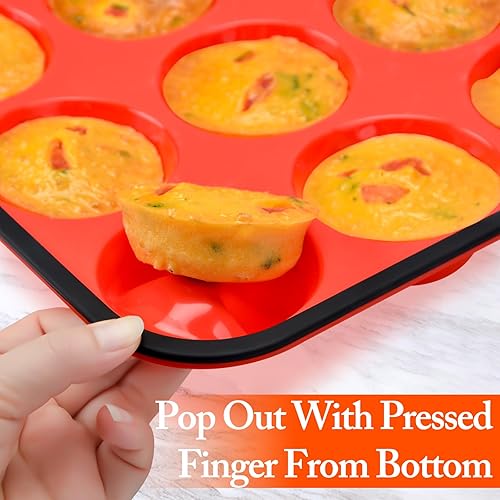 Miniatura 4 de CAKETIME Molde para magdalenas, molde de silicona para magdalenas, marco reforzado de metal, 12 tazas, bandeja de silicona regular para muffins,