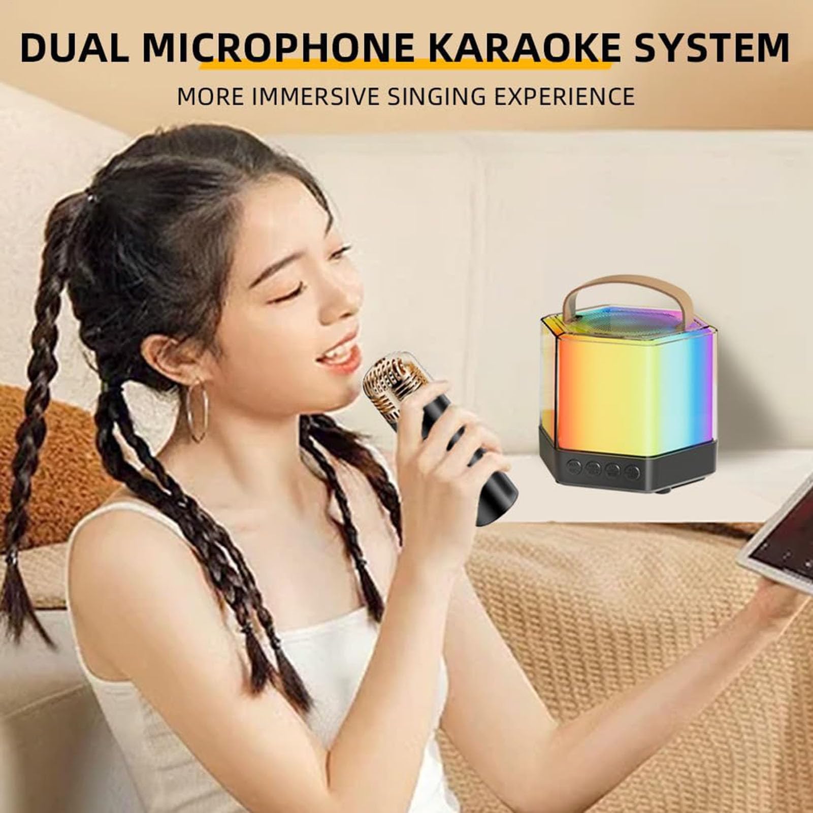 Maszyna do karaoke dla dorosłych, głośnik oświetleniowy RGB z 2 | mikrofonami bezprzewodowymi, przenośna maszyna do karaoke na zewnątrz, dla przyjaciół, na kemping, imprezę, piknik
