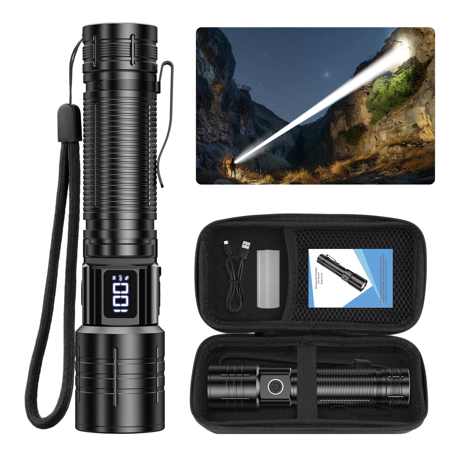 Flashlights High Lumens Rechargeable Super Bright LED Flashlight with Dimmable, Zoomable Beam Tactical Flash Lights Small Powerful