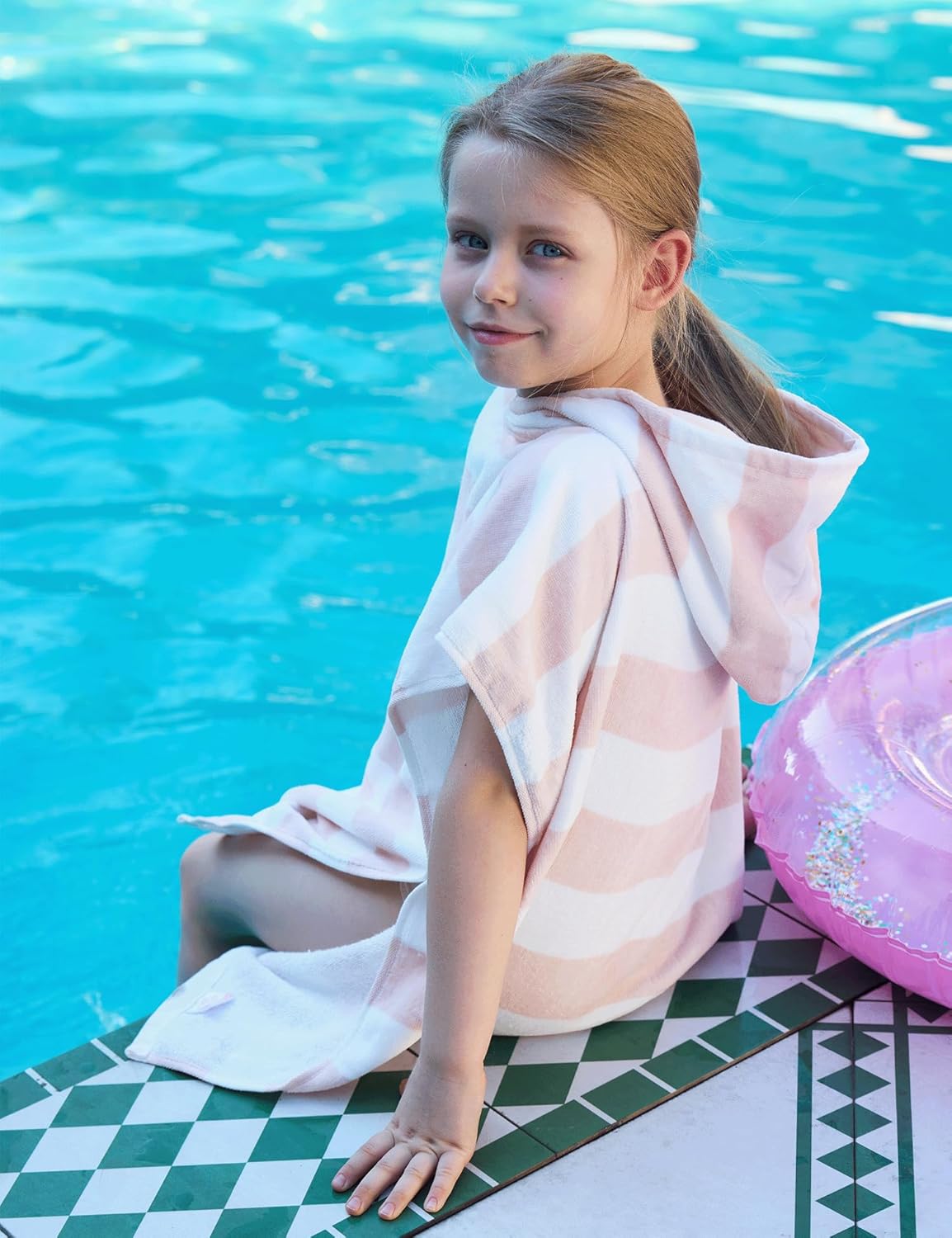 Toddler Bath Towel Poncho Thick Cotton Striped Beach Towels for Kids Gifts (2-6, Pink) - Image 2