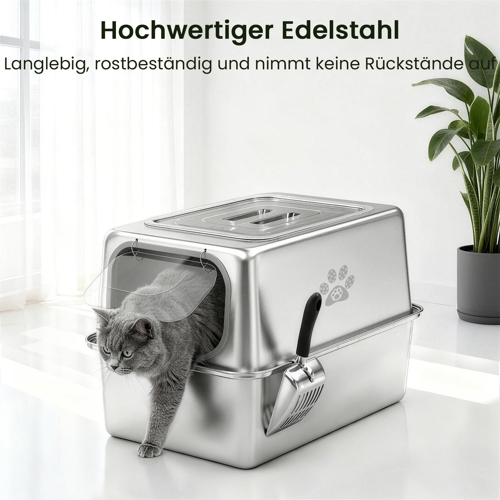 PTLOM XXL Katzenklo Edelstahl, Auslaufsicheres Katzenklo mit Deckel, großem Metall-Streubehälter, Geschlossenes Katzentoilette mit hohem Rand, inkl. Streuschaufel und Streumatte, 60x40x40cm
