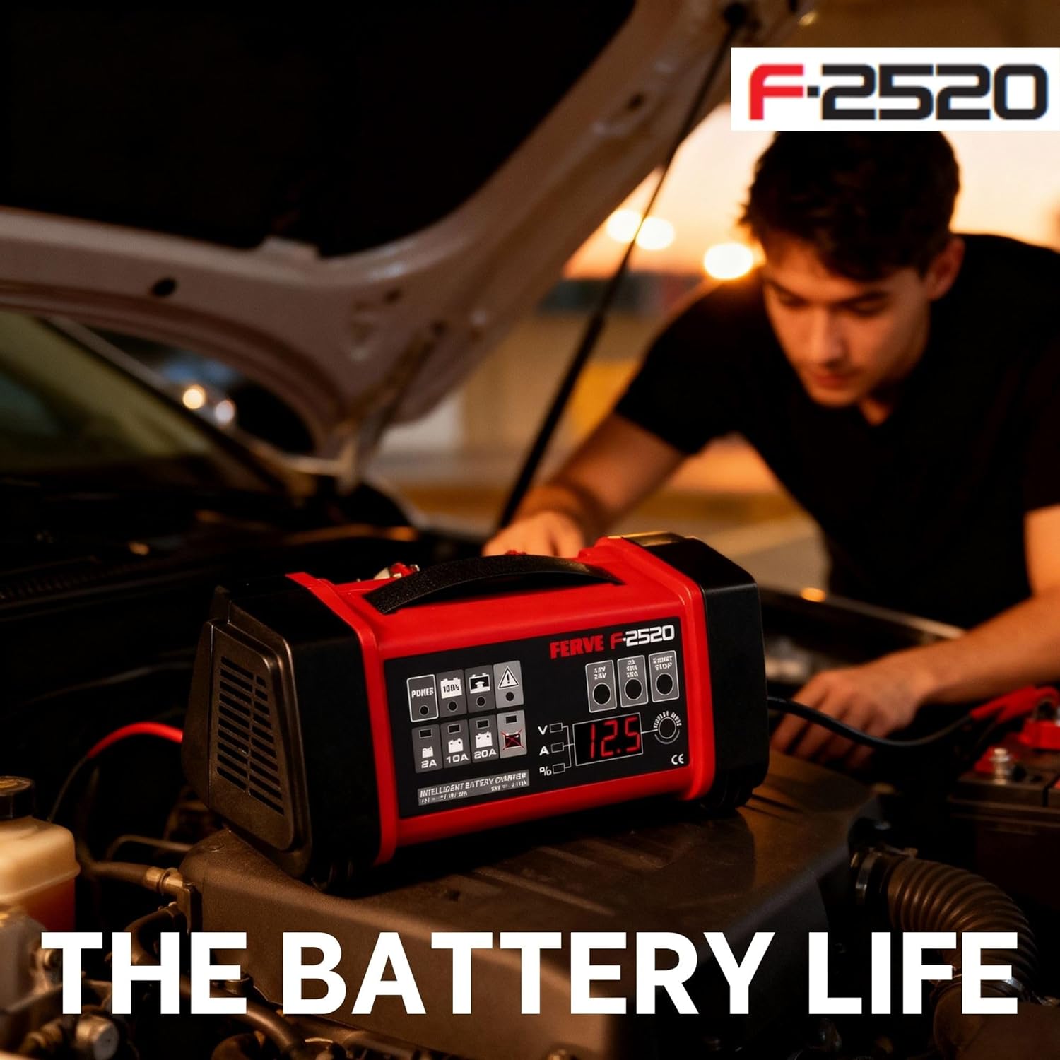 FERVE F-2520 Charger in use under a car hood