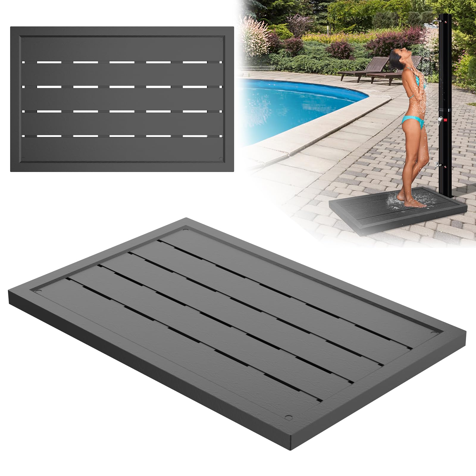 NAIZY Bodenelement 100x65x4 cm PP-Kunststoff Bodenplatte für Outdoor Gartendusche Solardusche Anti Rutsch Bodenplatten Duschboden, Anthrazit