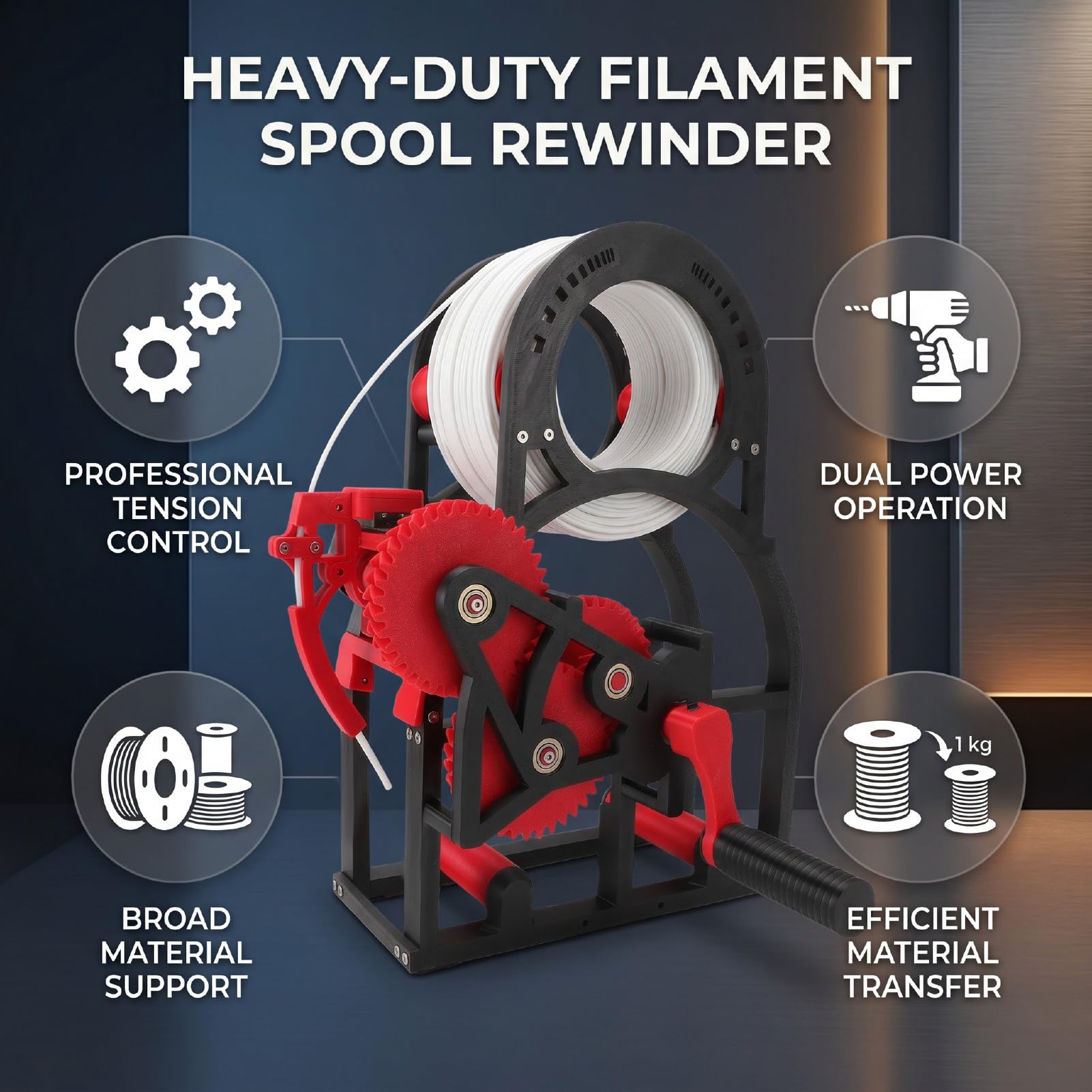 Fafeicy Enrollador de Carrete de Filamento 3D, Rebobinador de Filamento PETG CF para Carretes de 20 Cm, Manivela y Taladro, Tensión Ajustable, para Transferencia de Hilo de Alambre de