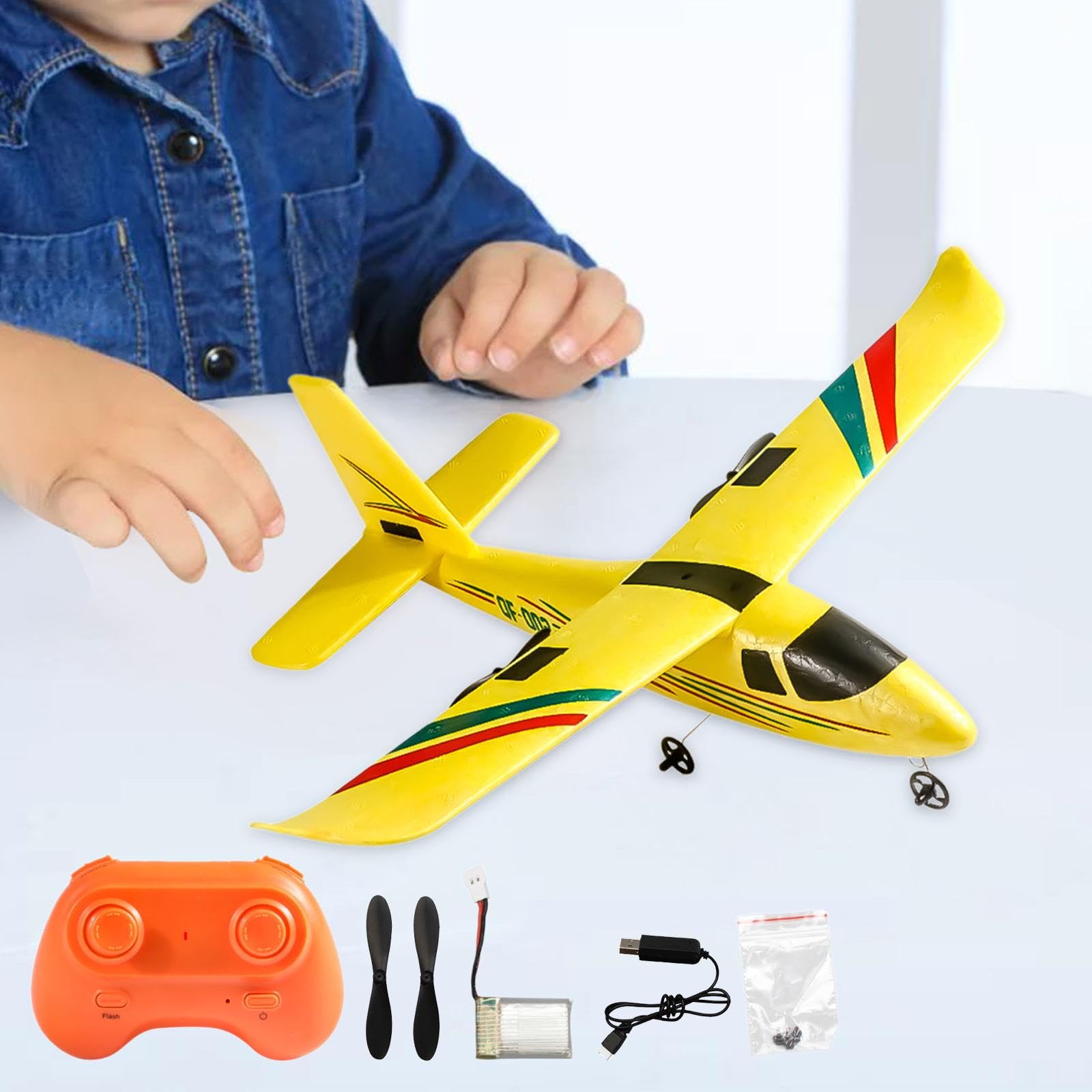 Aereo Radiocomandato Telecomandato Giocattolo Rc Due Canali Struttura in Schiuma Resistente Facile Uso per Principianti Bambini Adulti Regalo, 1 Batteria Gialla