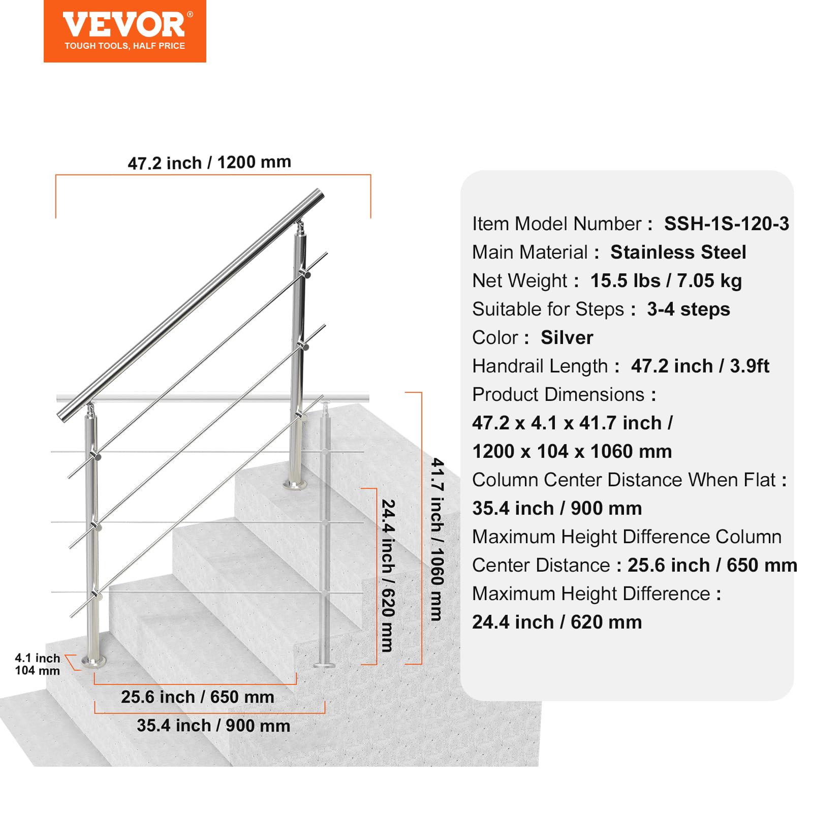 VEVOR Corrimano per Gradini Esterni, Kit Corrimano per Scale 3 Traverse 120 cm Lunghezza, Ringhiere Transizione Acciaio Inox Kit Installazione, Corrimano Scale Doppia Colonna per Veranda e Terrazza