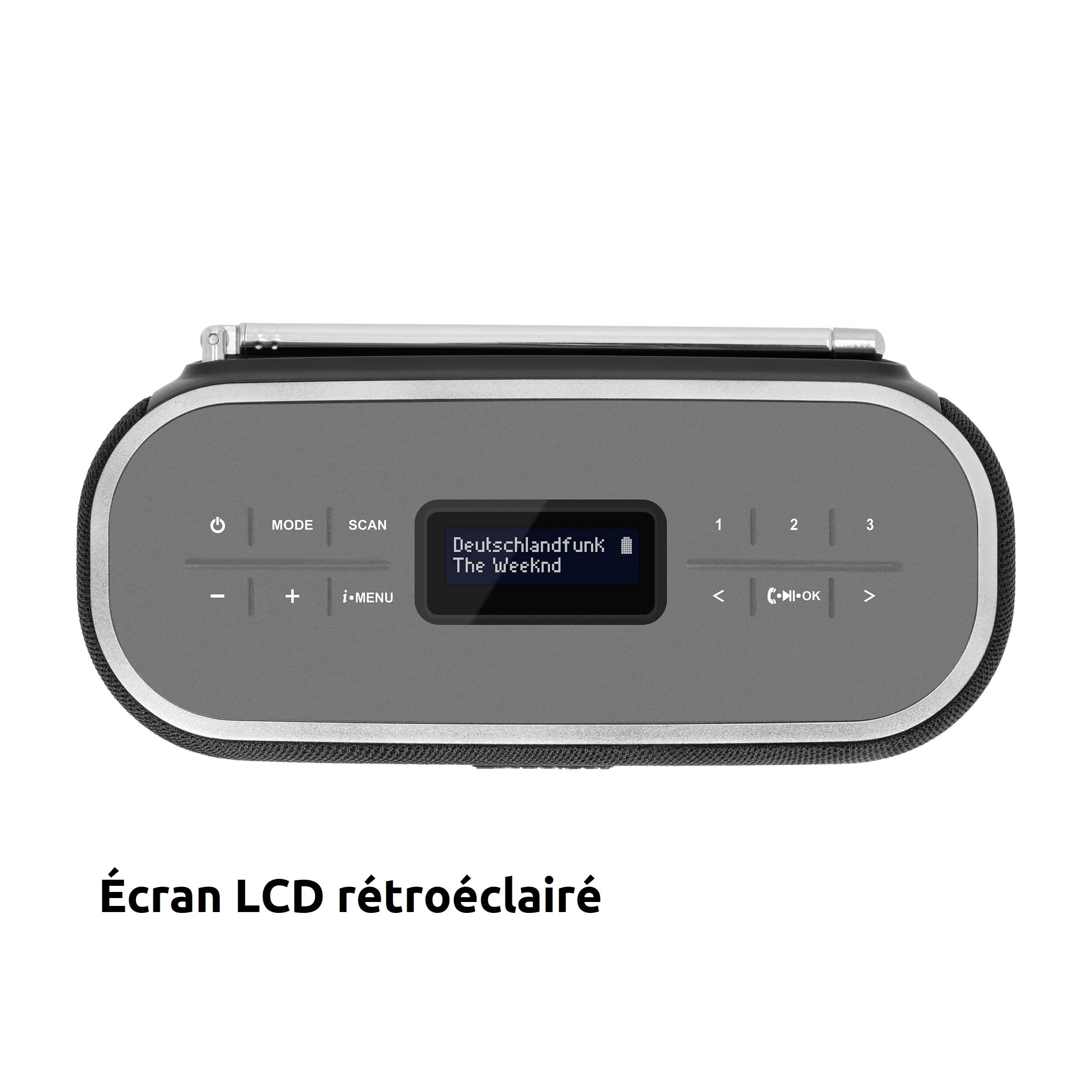TechniSat VIOLA BT 1 - enceinte Bluetooth portable avec radio numérique DAB+ (FM, horloge, minuterie, mémoire des favoris, écran LCD, fonction mains libres, AUX, batterie rechargeable, 6W) noir/gris