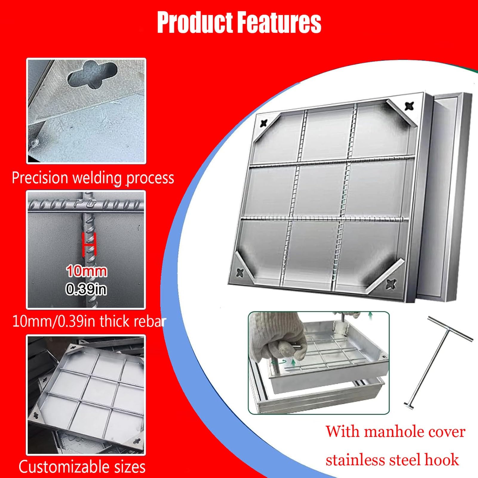 Coperchio e telaio per tombino in acciaio inox resistente, coperchio quadrato per fossa settica con base, coperchio di ispezione invisibile per pozzetto fognario per vialetto e giardino (76x66 cm)