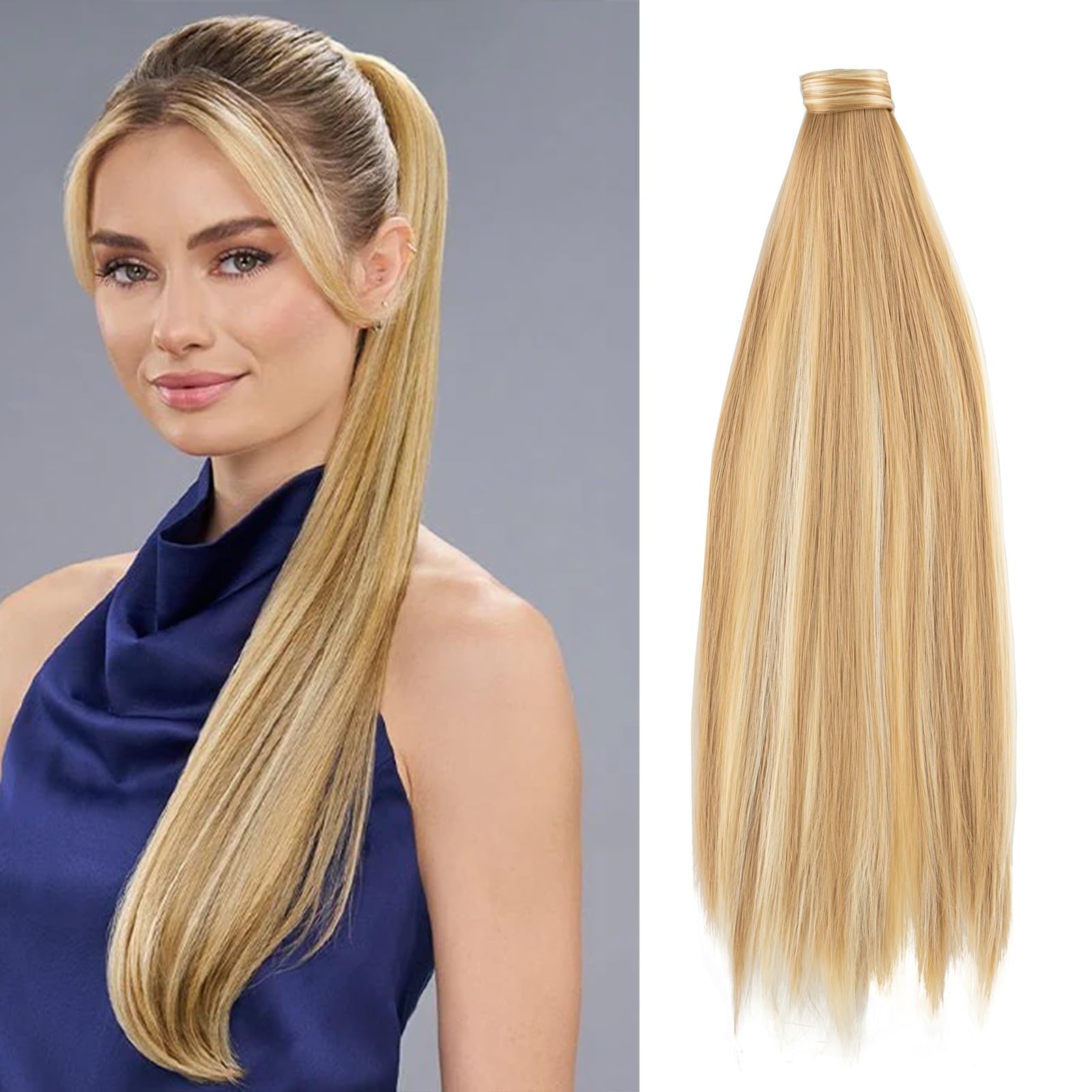 JJstar Coda Capelli Extension, Estensione di Coda di Cavallo 70cm Lungo Dritto Avvolgere Intorno a Clip in Coda di Cavallo Estensioni dei Capelli Sintetici per Donne e Ragazze