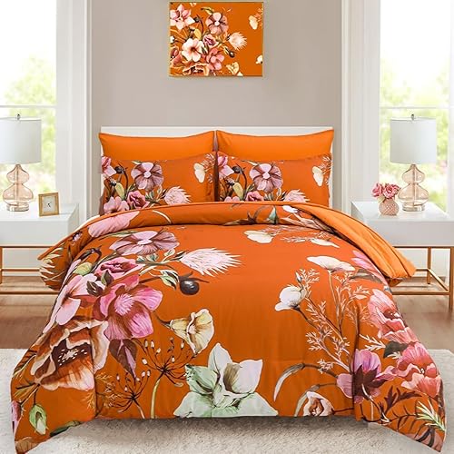 Luxudecor Juego de edredón floral terracota tamaño Queen de 7 piezas, cama de flores en una bolsa, elegante edredón floral con juego de sábanas,