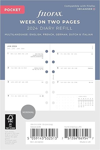 Miniatura 1 de Filofax Recambio de diario de calendario, tamaño de bolsillo, semana a vista, paquete de diario mínimo, libro blanco, multilingüe cinco idiomas,