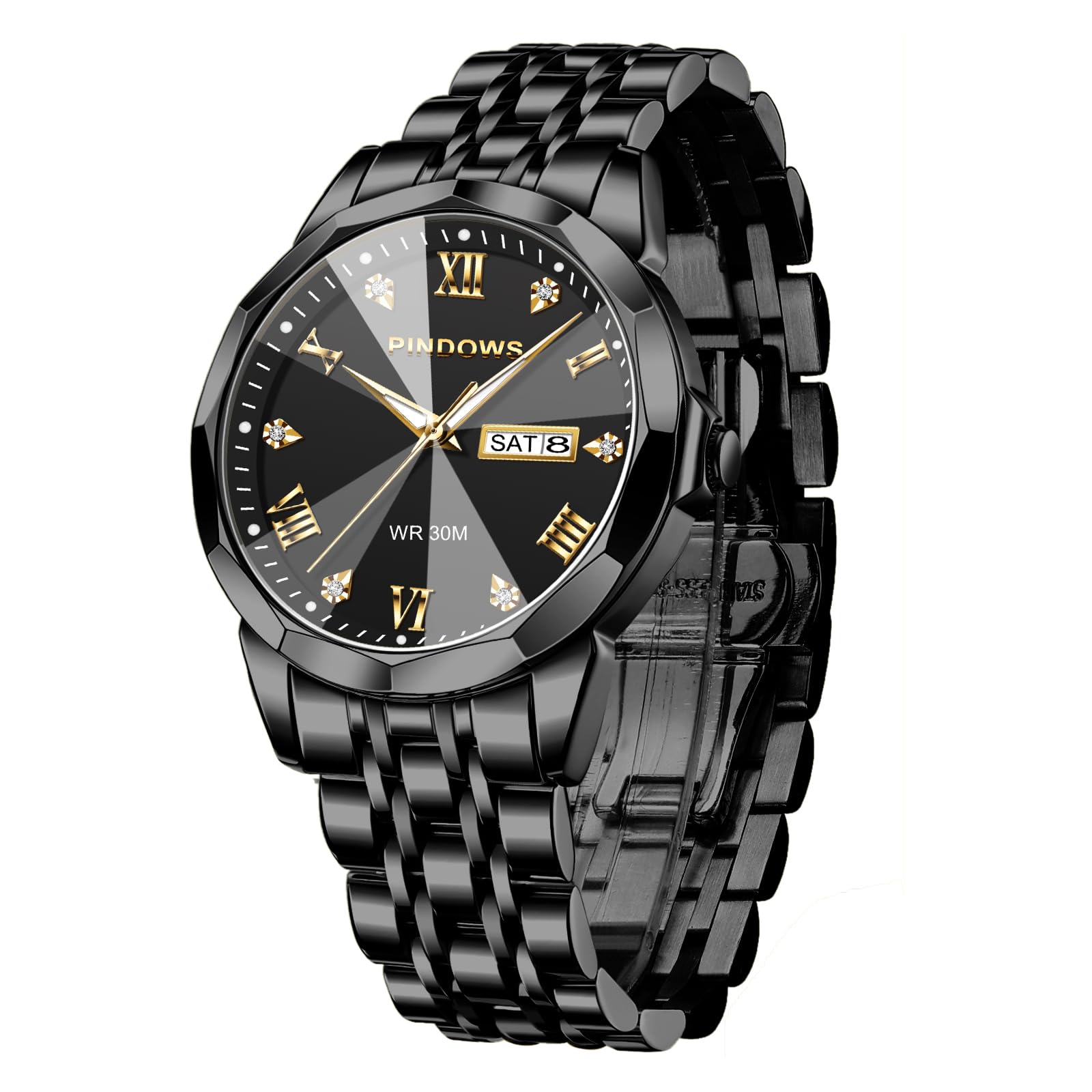 PINDOWS Herrenuhren Luxus Quarz-Analoguhr Datumsanzeige und großem Ziffernblatt wasserdichte modische Business-Armbanduhr Elegante zweifarbige Edelstahl-Klassiker-Herrenuhr mit beleuchtetem Kalender