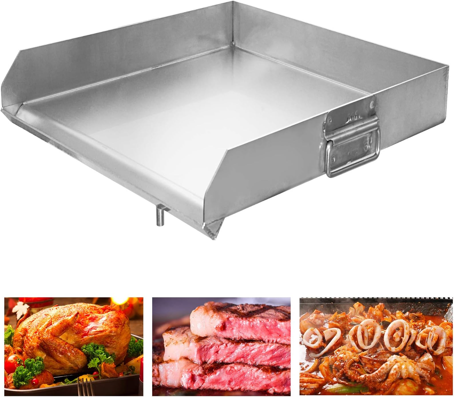 Minneer 32" x 18" Flat Top Stainless Steel Griddle 100% Plancha Comal BBQ Tray with Even Heat Cross Bracing & Integral Handles for Charcoal/Gas Grills, Camping, Tailgating, and Parties