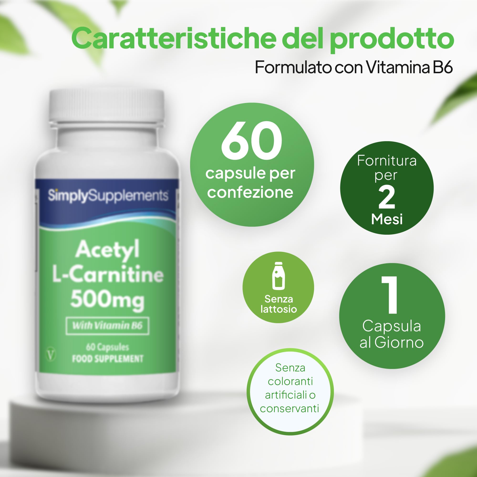 l acetil carnitina 500 mg Capsule Di Acetil L-Carnitina 500 Mg Con Vitamina B6 | Contribuisce Alla Normale Funzione Psicologica E Al Metabolismo Energetico | Vegano E Vegetariano