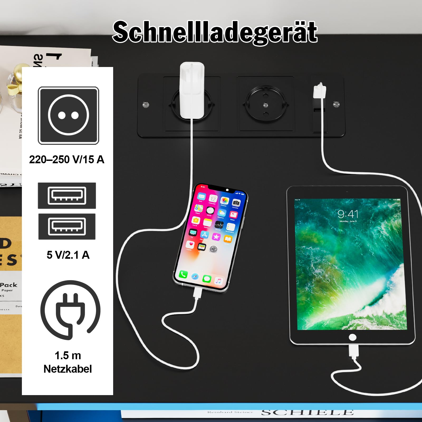 Nachttisch Hängend mit led, Nachttisch mit Ladestation, Nachtschrank Schwarz, Offenes Fach Und Einer Schublade, 46.5x30x25.5cm, 16 Farben LED, Modern, Wohnzimmer Schlafzimmer