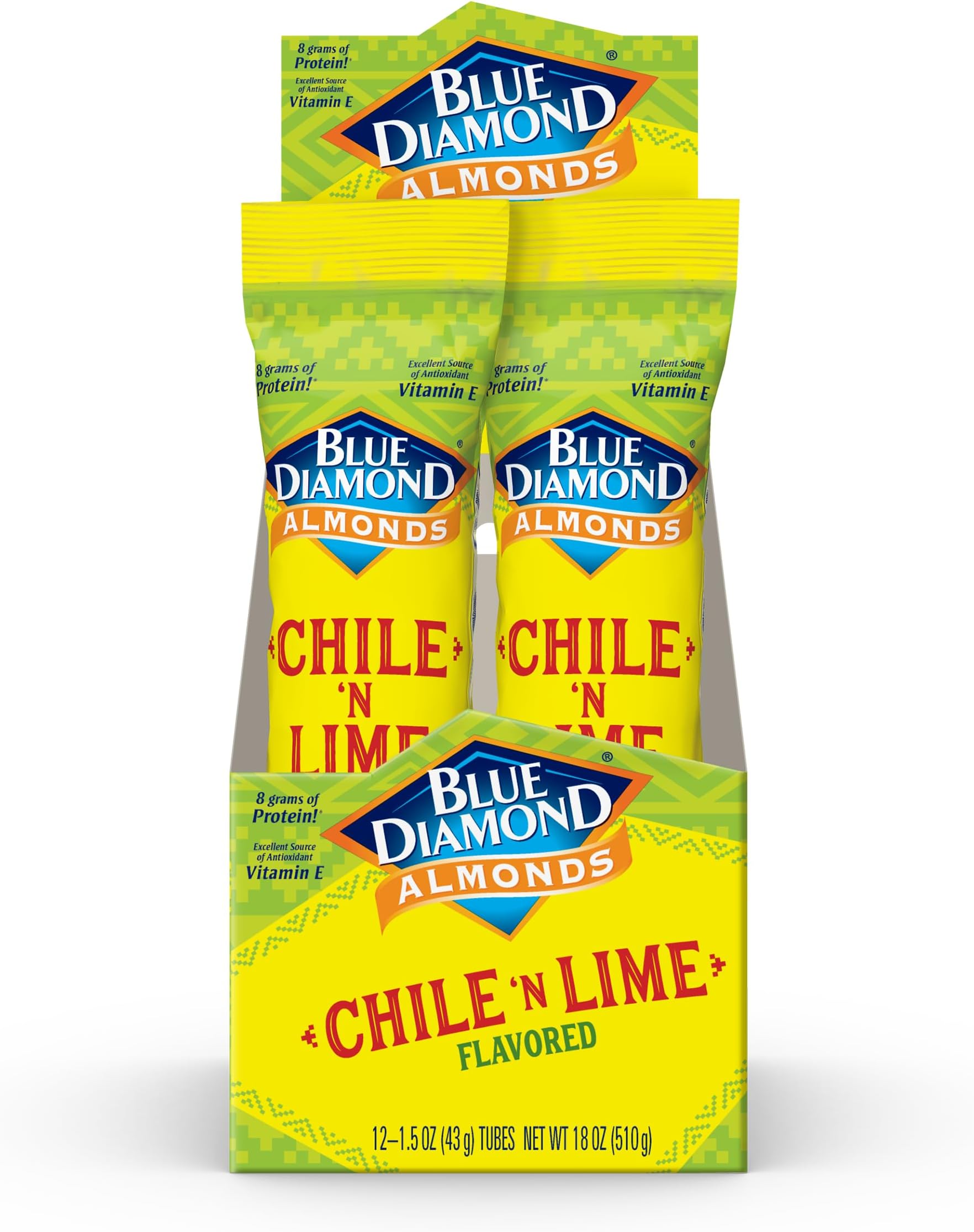 Blue Diamond Almonds, Single Serving Chile N Lime Tangy Flavored Snack Nuts, Non-GMO, Kosher, No Gluten Ingredients or Artificial Flavors, Bulk Pack, Great for Road Trips, Lunches, and On-The-Go, 12 Packs, 1.5 oz. Single Packs