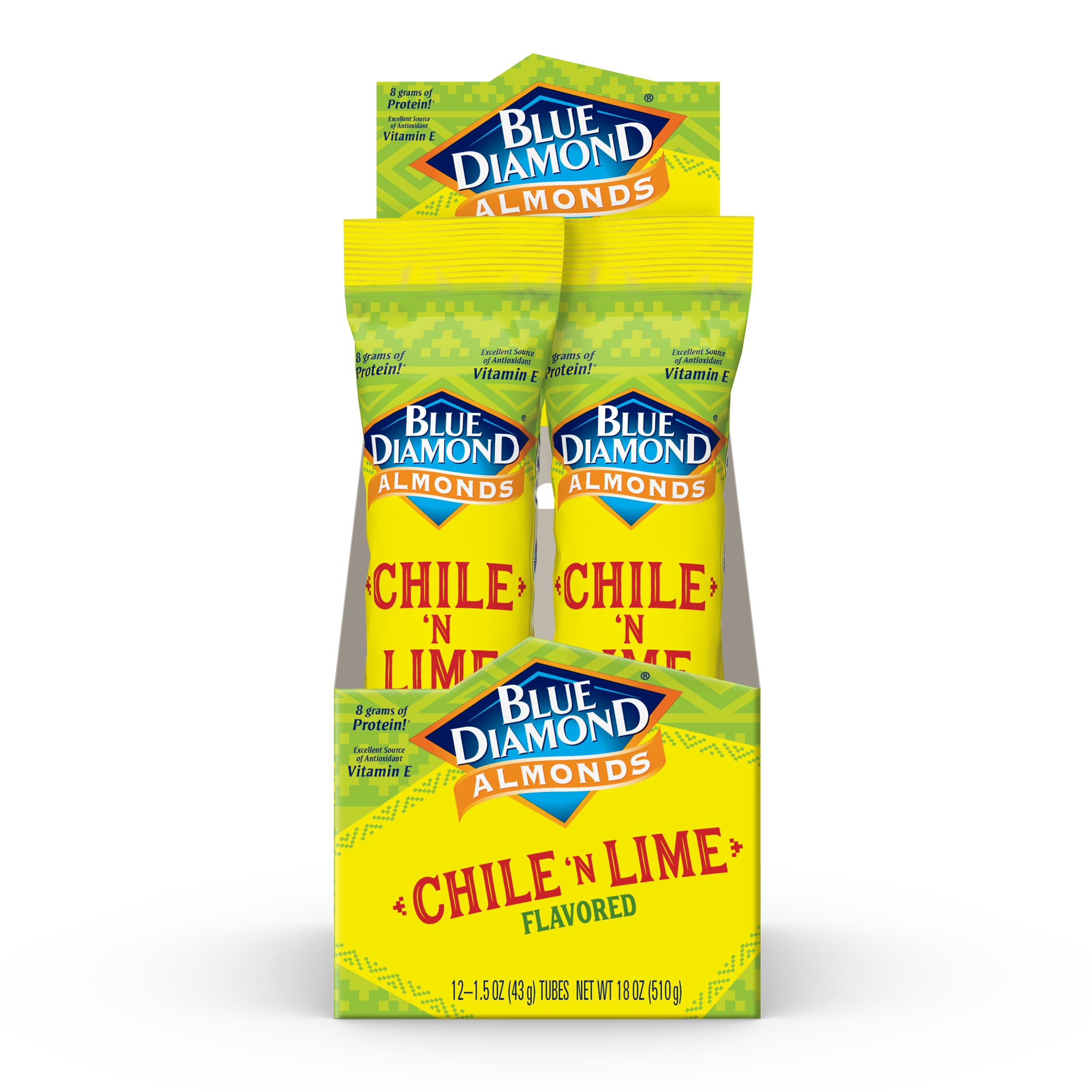 Blue Diamond Almonds, Single Serving Chile N Lime Flavored Snack Nuts Great for Road Trips, Lunches, and On-The-Go, 12 Packs, 1.5 oz. Single Packs
