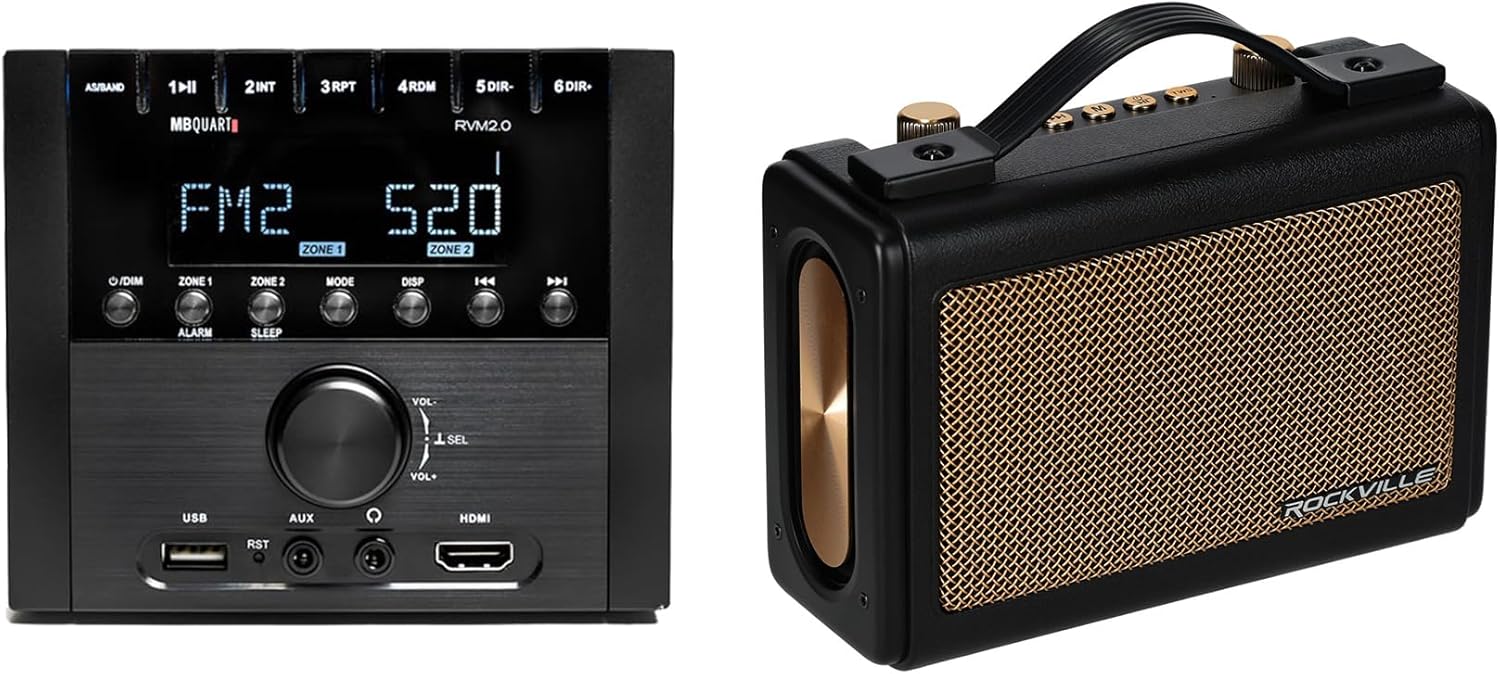 MB Quart RVM2.0 Bundle: 2-Zone RV Receiver AM/FM Stereo, w/Bluetooth 4.0/HDMI/USB, GlideTone Vintage Portable Home Bluetooth Speaker, 2-Items