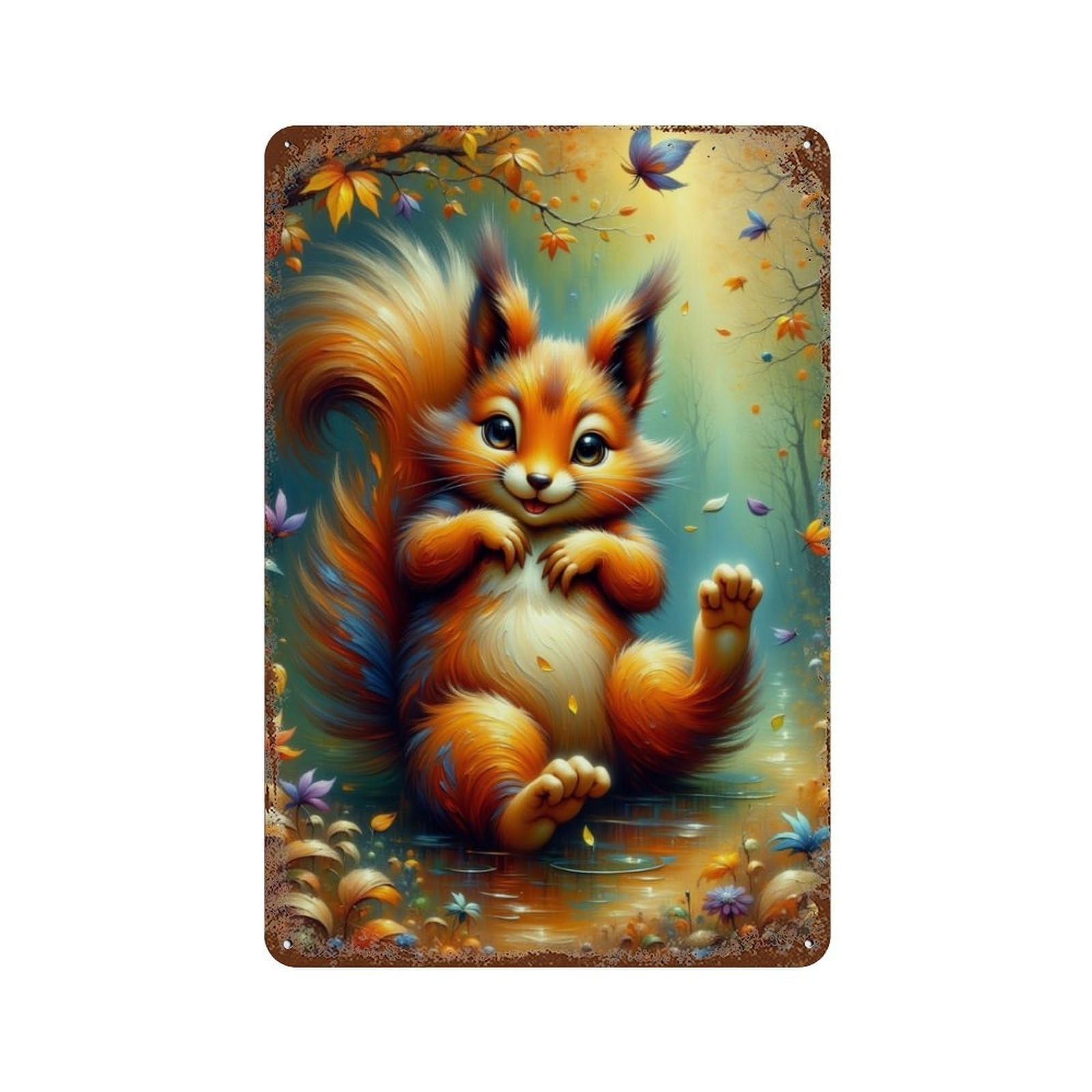 Autumn Squirrel Fantasy Vintage Metal Tin Sign 11.8"x7.9", Ideal for Shed, Workshop And Garage Wall Decor