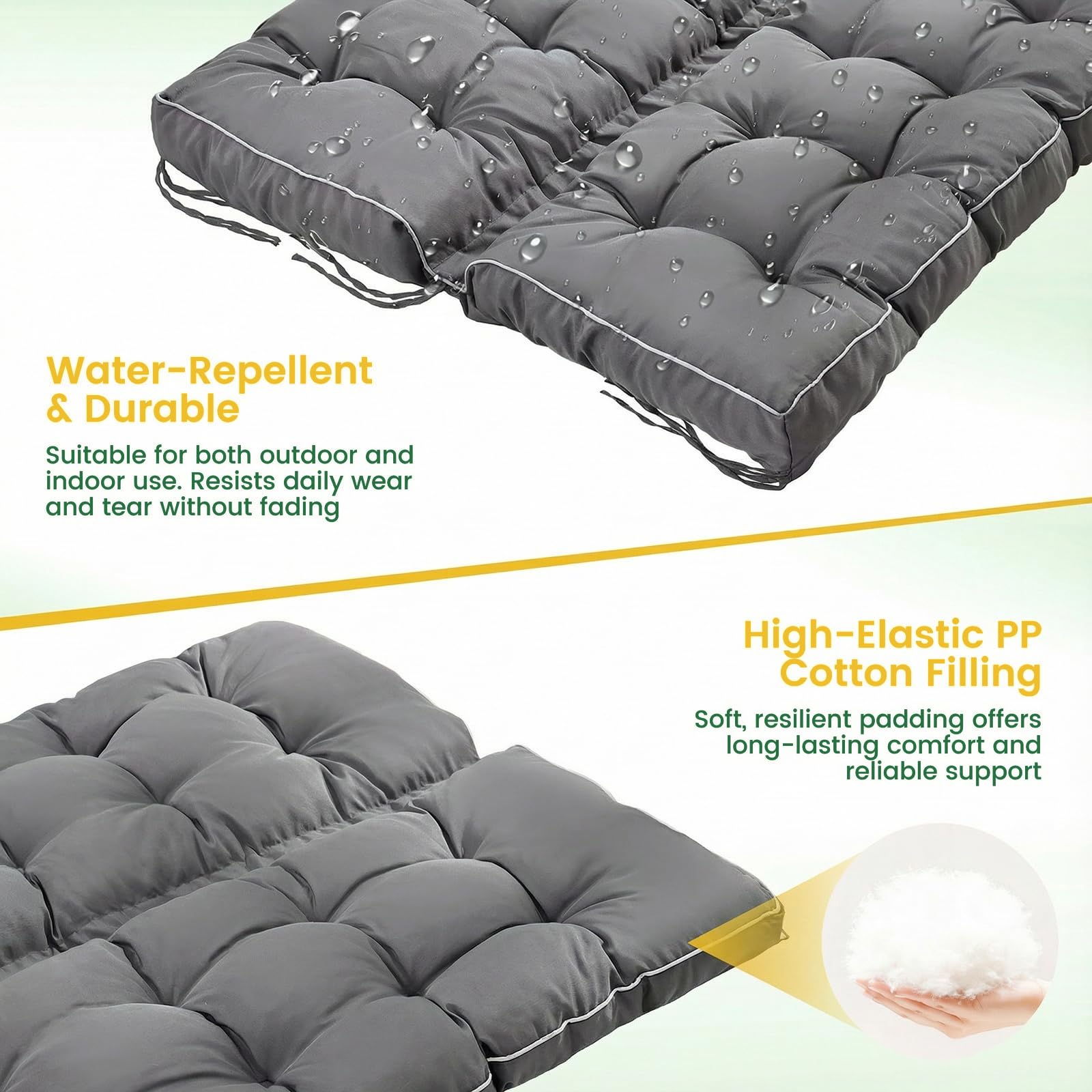 Bankauflage für Innen und Außen, 2-in-1 faltbares Design mit Kissen 111 x 160 x 14 cm, wasserabweisender sitzkissen, rutschfeste Gartenbankauflage mit Bändern für Hollywoodschaukel, Fensterbank (grau)