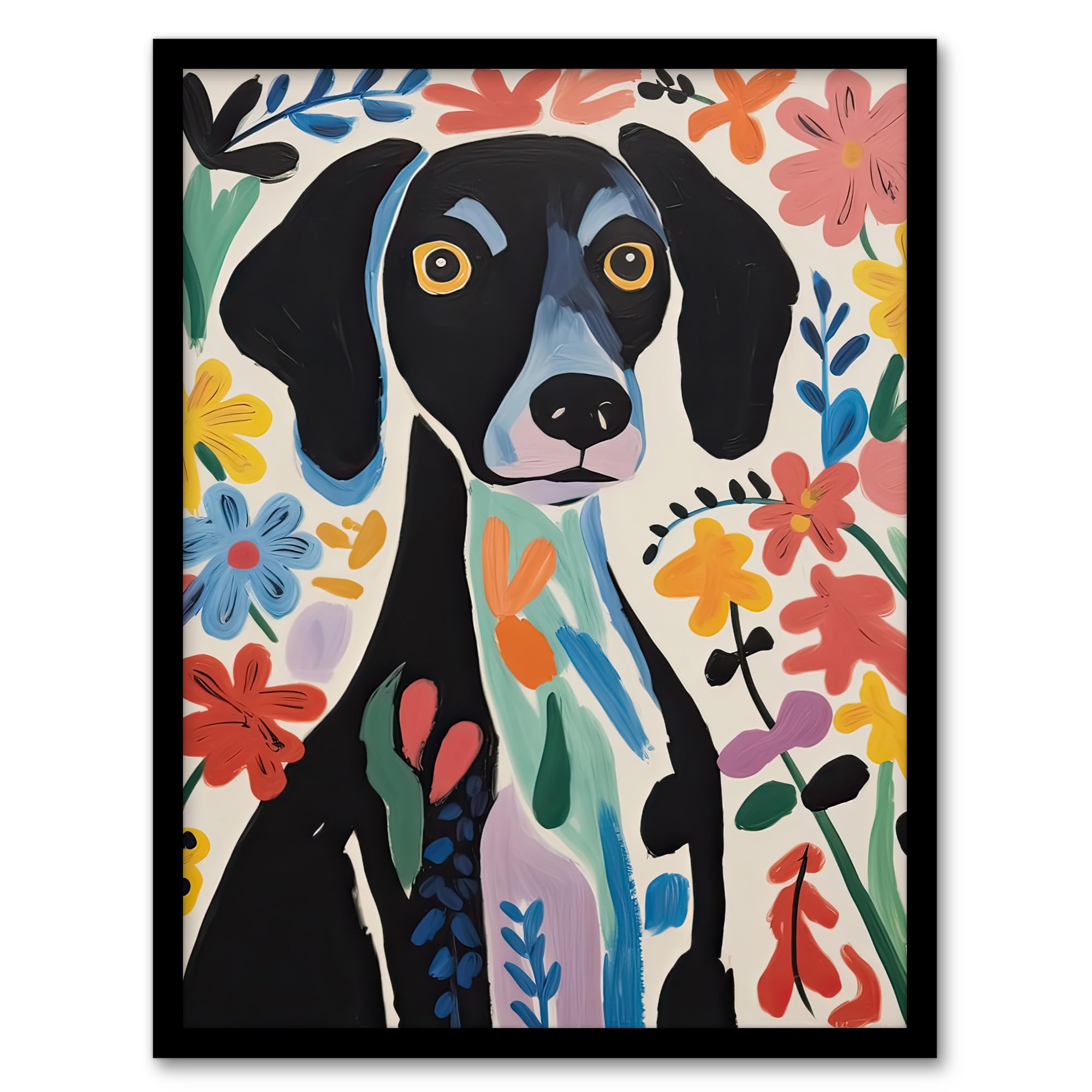 Artery8 Springtime Sensory Overload Bright Dog Oil Painting Henri Matisse Style Floral Pet Portrait Artwork Framed Wall Art Print 18X24 Inch