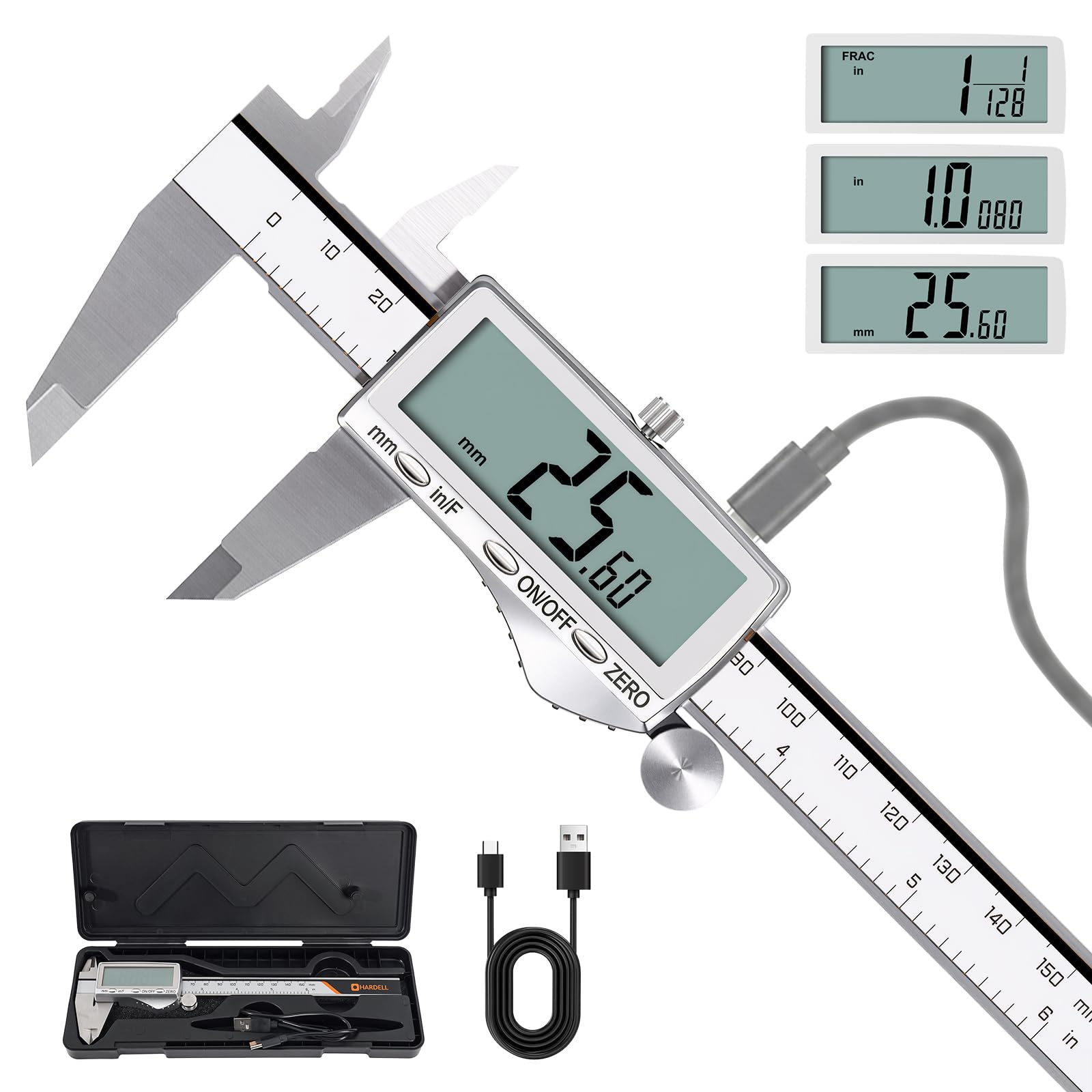 Calibrador digital de 150 mm (6"), micrómetro recargable de acero inoxidable, pantalla LCD grande. Unidades: pulgadas/mm/fracción, apagado automático. Herramienta de medición electrónica para traba