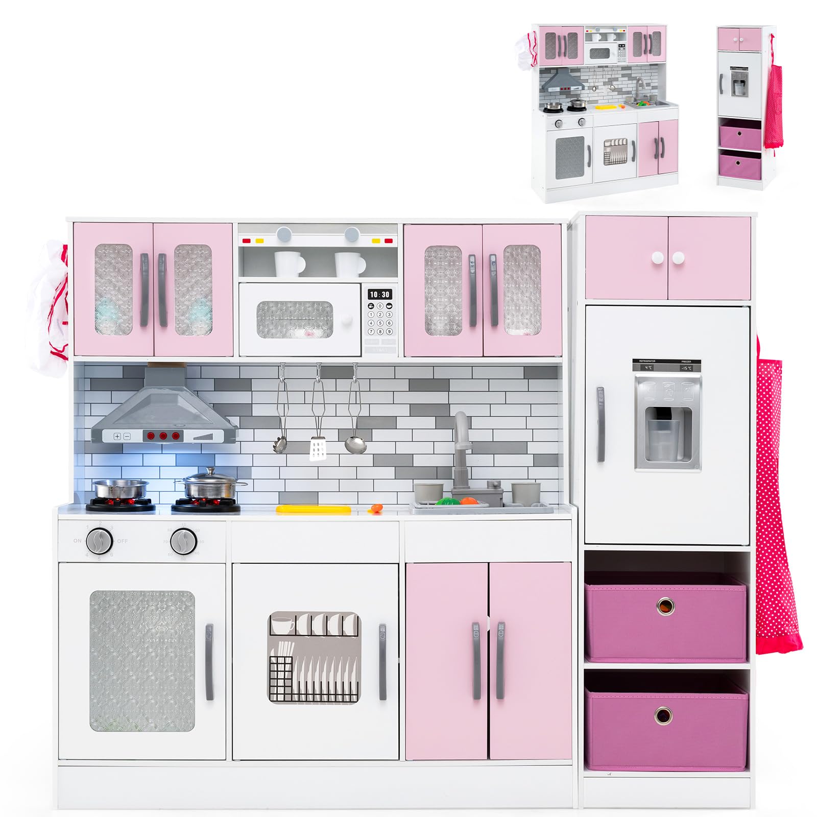 HONEY JOY Kids Kitchen Playset, 2-Piece Modular Toy Kitchen Set with Lights, Refrigerator & Ice Maker, Cookware, Storage Cabinet, Water Circulation, Large Wooden Play Kitchen for Toddlers (Pink)