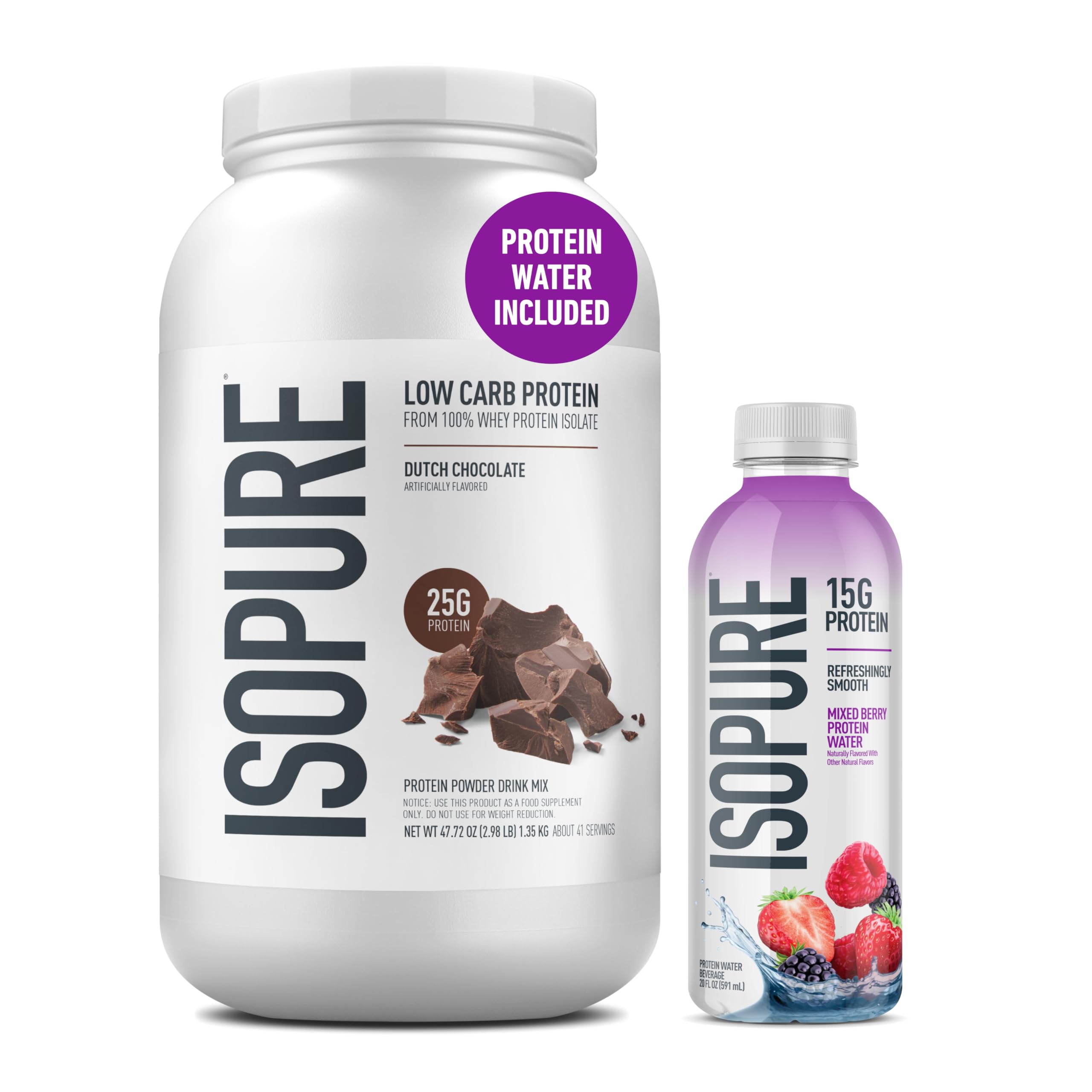 Isopure Low Carb 100% Pure Whey Isolate Dutch Chocolate Protein Powder 3 Lbs + Mixed Berry Clear Protein Water 20 fl oz | High Protein Low Carb Supplement - main product image