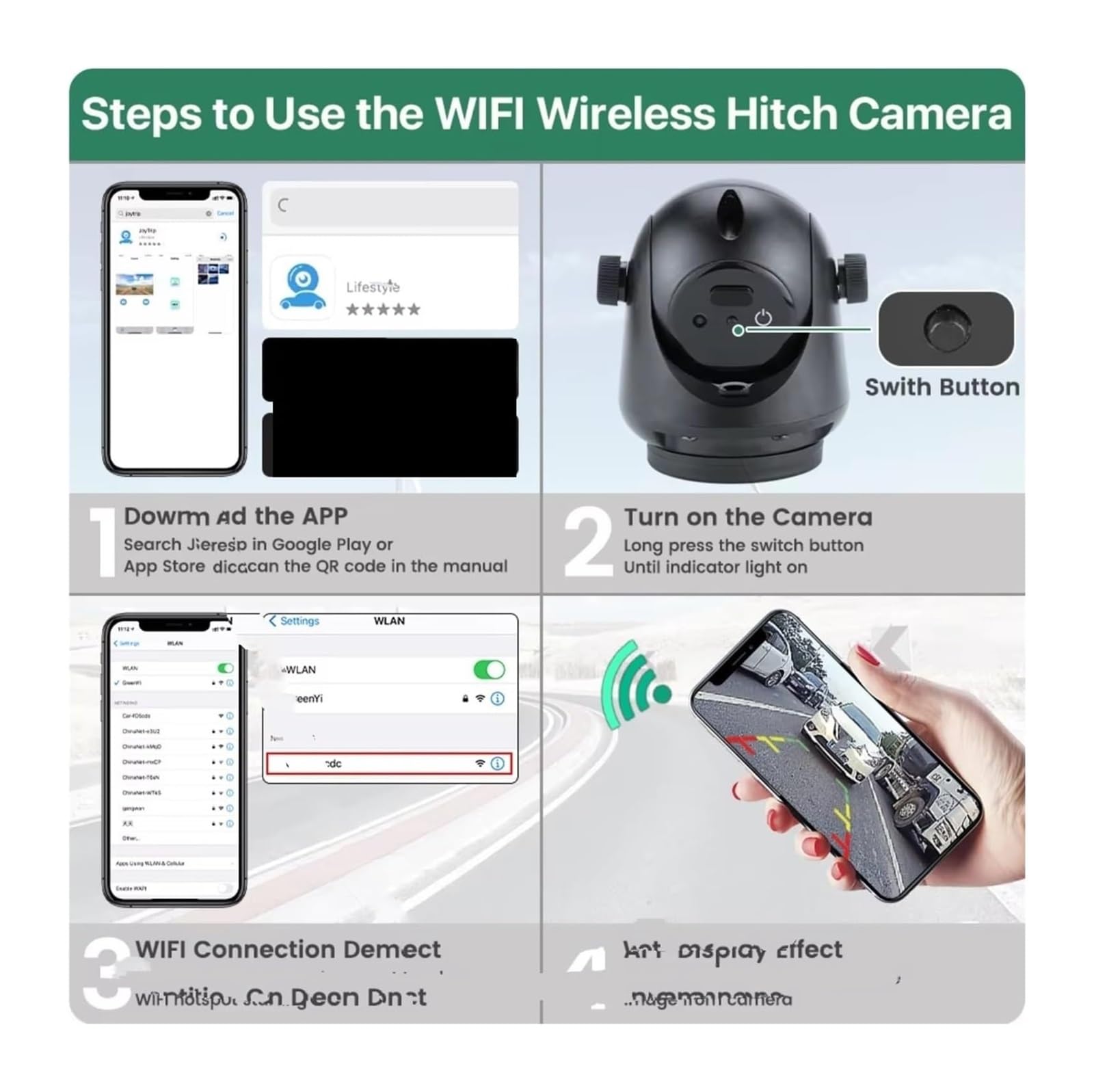 Cámara Visión Trasera Inalámbrica Enganche Magnético WiFi 5G Nocturna Recargable para Remolque RV Camión iOS Android Cámara de Respaldo
