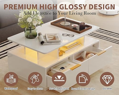 Miniatura 4 de GarveeHome Mesa de centro LED de alto brillo, mesa de café moderna de madera de alto brillo de 35 pulgadas con almacenamiento, mesas centrales de 2