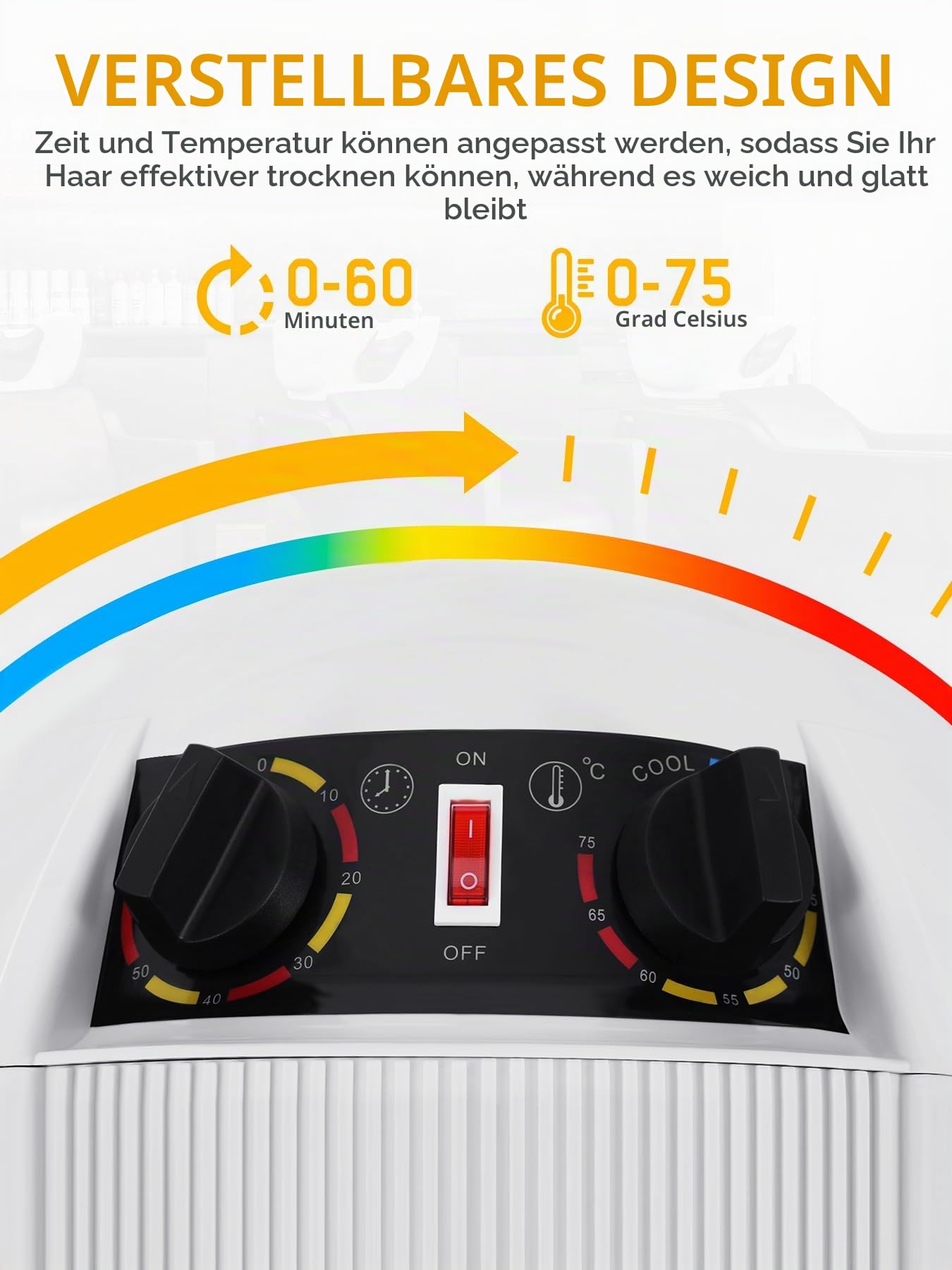 Haartrockner mit Stativ, Profi 1050W Friseur Haartrockenhaube, Höhenverstellbar 78-128cm, Schaltuhr 0-60 Min, Verstellbar Temperatur 0-75℃, Trockenhaube für Friseursalon, Weiß