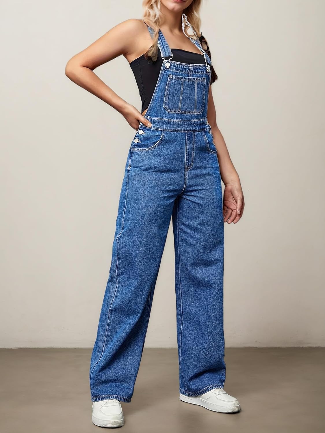 Flvsun Women's Straight Wide Leg Jeans Overalls Baggy Fit Bib Denim Jumpsuit Pants Adjustable Straps - Image 5