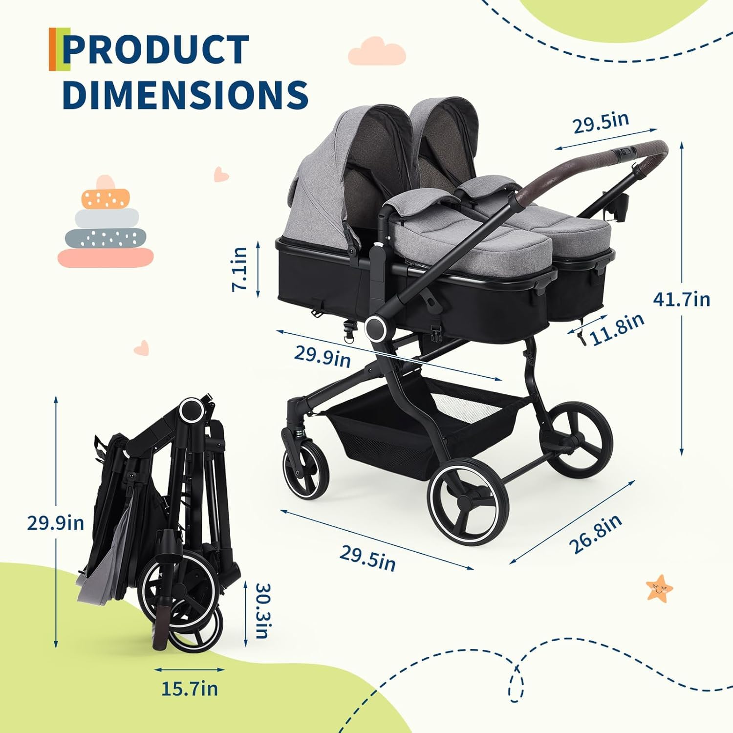 Geschwisterwagen Duo Zwillingskinderwagen Ab Geburt Bis 3 Jahre Zusammenklappbarer Zwillingsbuggy Mit Liegefunktion 15+15 kg Leichtes Aluminium Verstellbar