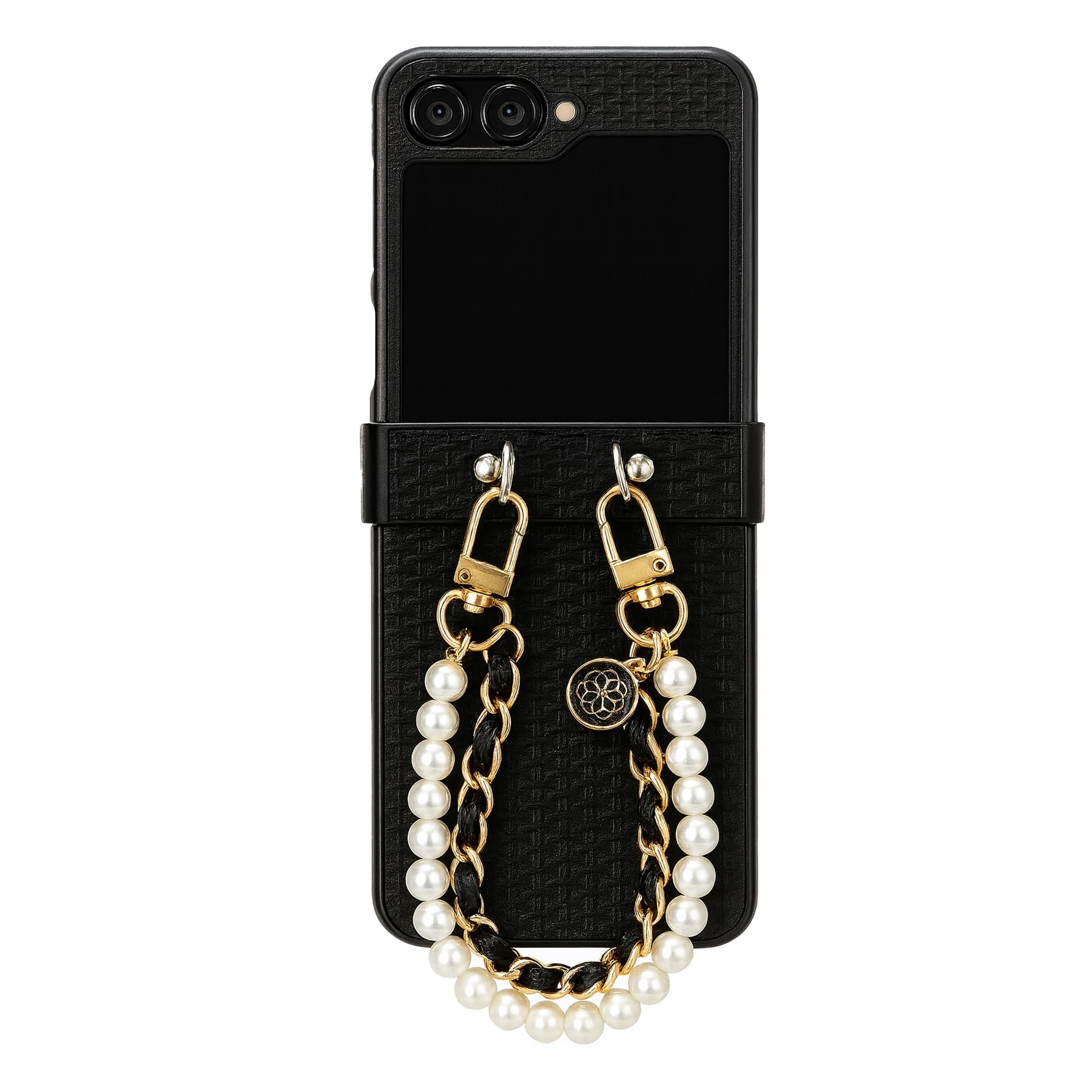 for Samsung Galaxy Z Flip 6 Case with Pearl-Accented Metal Chain Phone Charm, Classical Folding PU Leather Slim Shockproof Cover for Samsung Z Flip 6